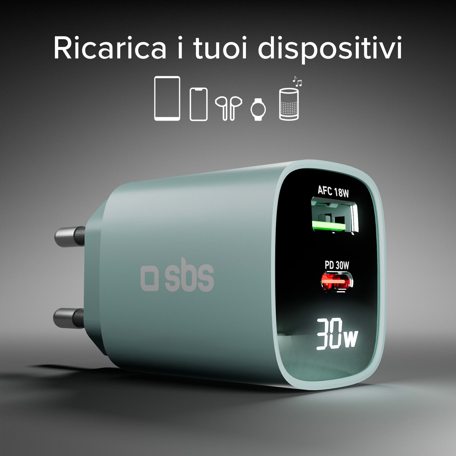 Cargador de pared con pantalla LCD, 1 salida USB-C PD de 30 W, 1 salida USB-A de 18 W