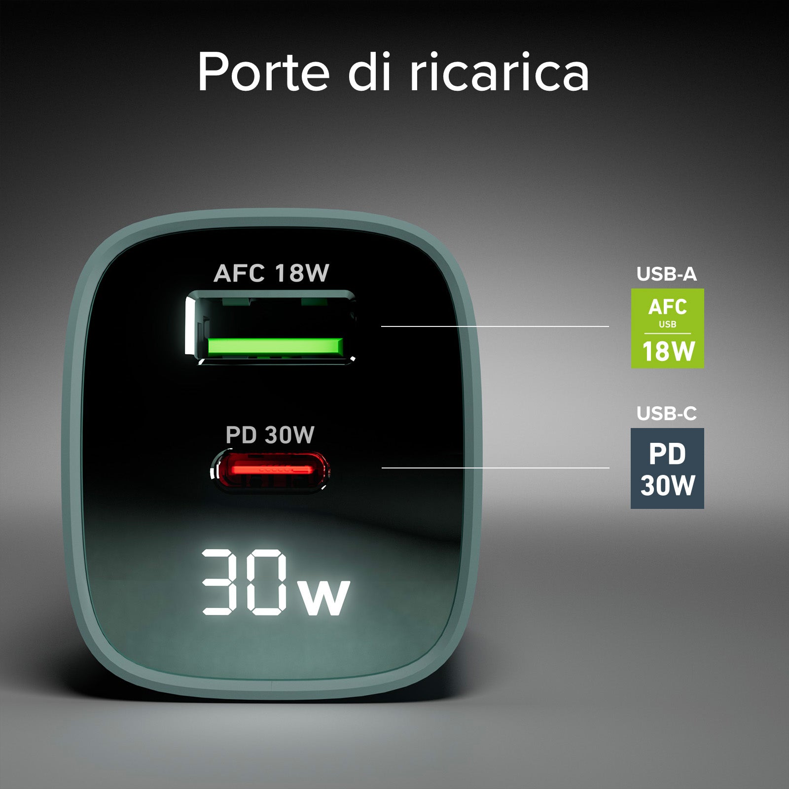 Cargador de pared con pantalla LCD, 1 salida USB-C PD de 30 W, 1 salida USB-A de 18 W