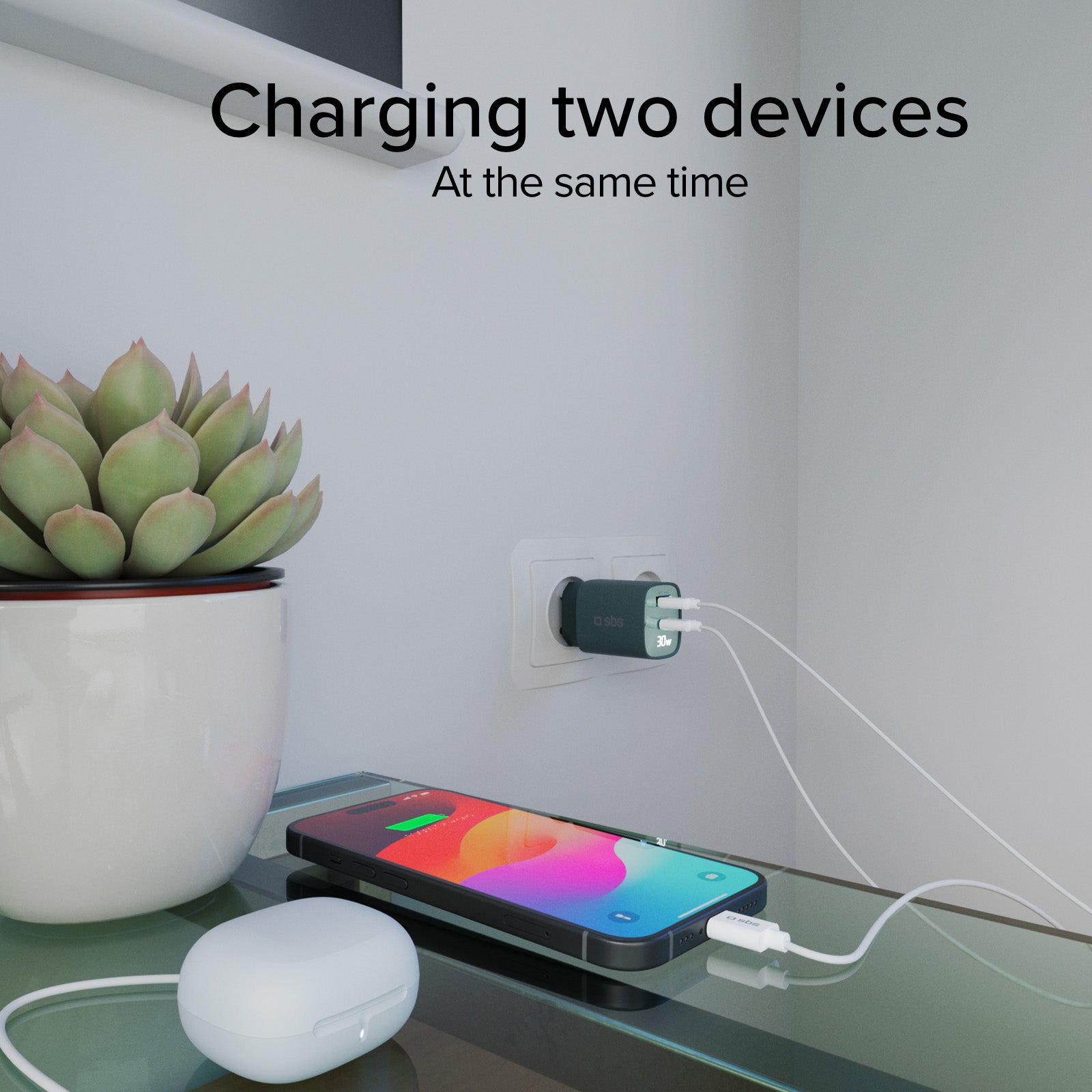 Cargador de pared con pantalla LCD, 1 salida USB-C PD de 30 W, 1 salida USB-A de 18 W