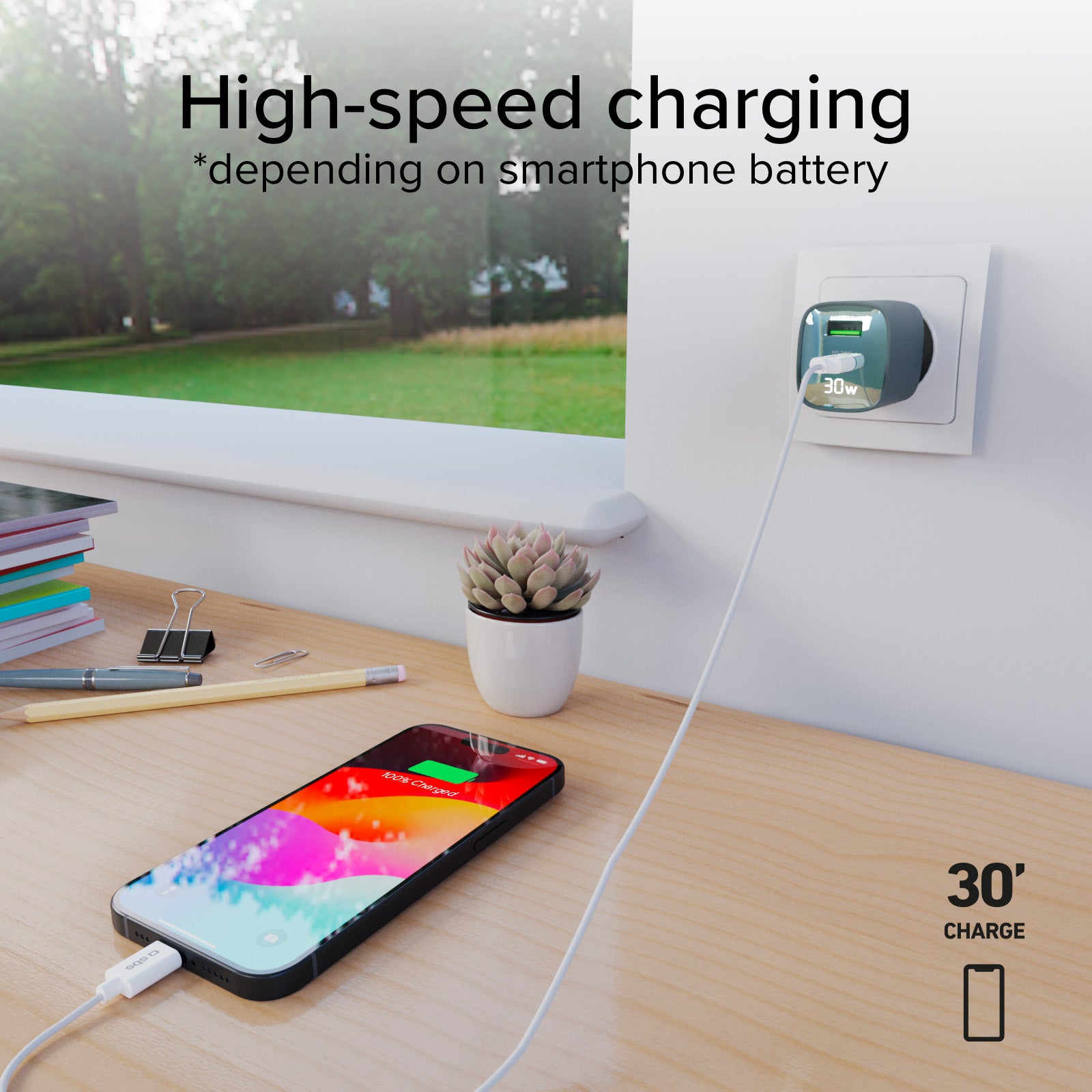 Cargador de pared con pantalla LCD, 1 salida USB-C PD de 30 W, 1 salida USB-A de 18 W
