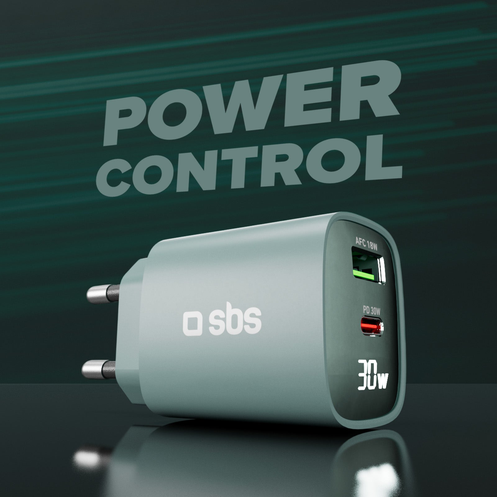 Cargador de pared con pantalla LCD, 1 salida USB-C PD de 30 W, 1 salida USB-A de 18 W
