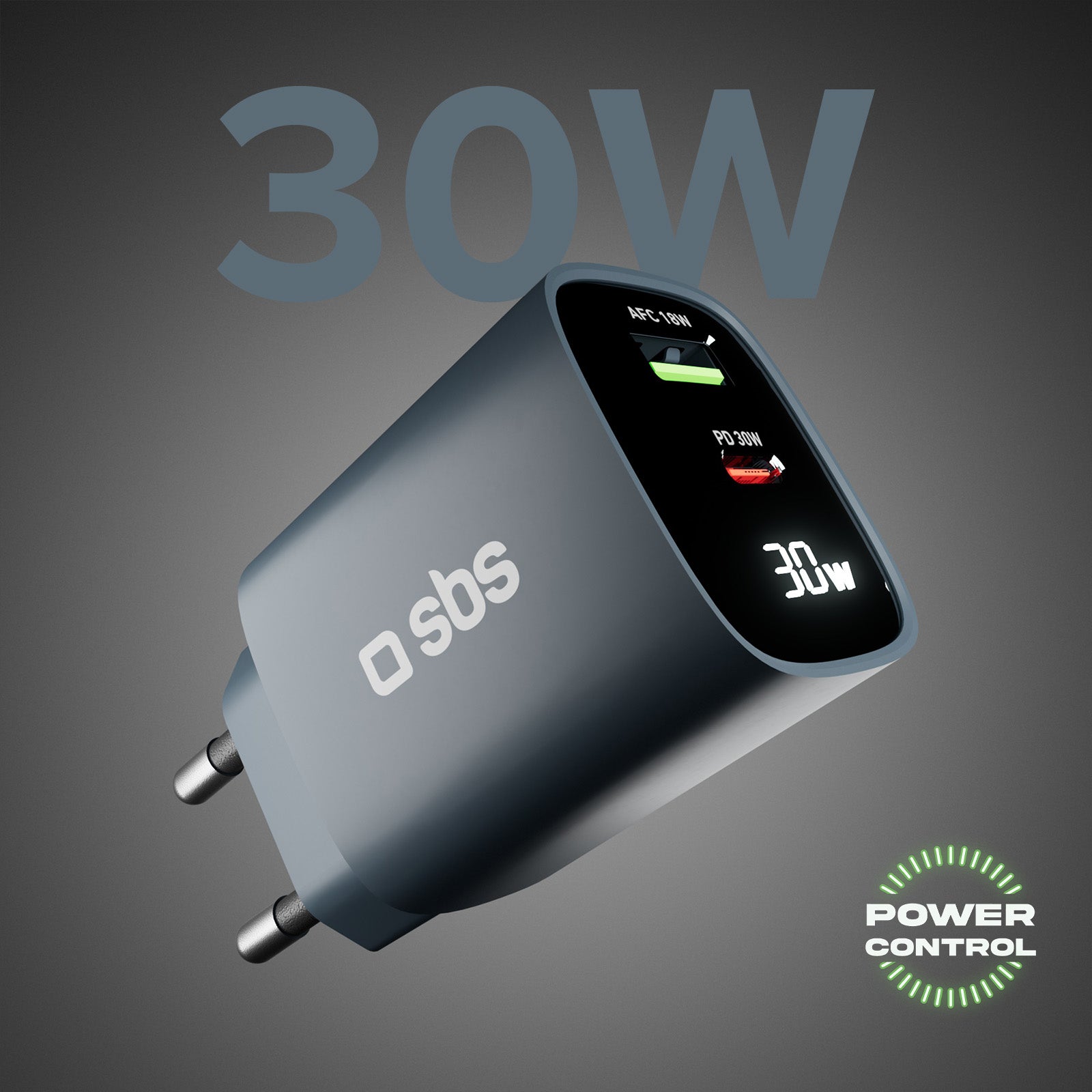 Cargador de pared con pantalla LCD, 1 salida USB-C PD de 30 W, 1 salida USB-A de 18 W