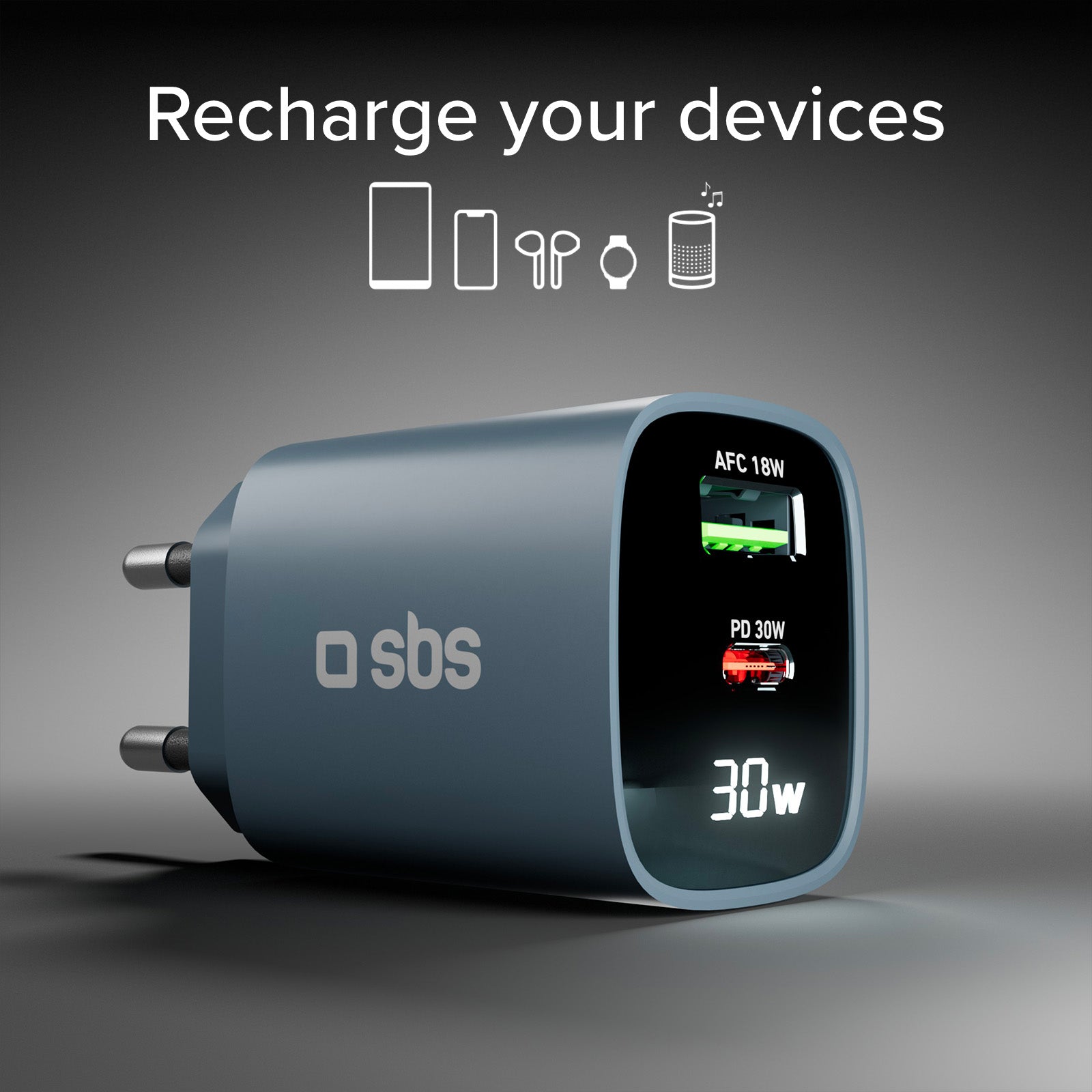 Cargador de pared con pantalla LCD, 1 salida USB-C PD de 30 W, 1 salida USB-A de 18 W