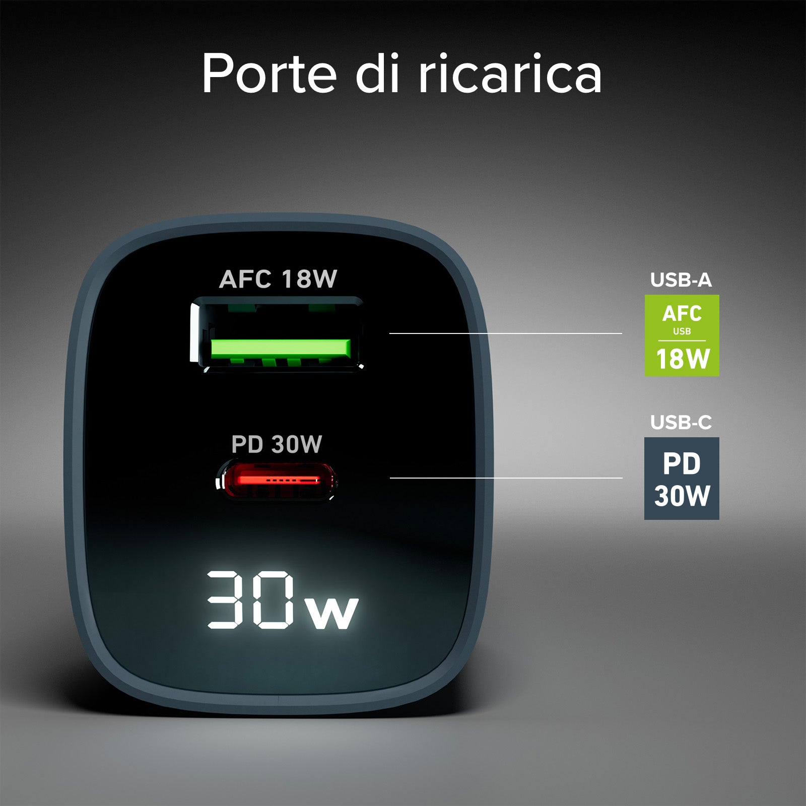 Cargador de pared con pantalla LCD, 1 salida USB-C PD de 30 W, 1 salida USB-A de 18 W