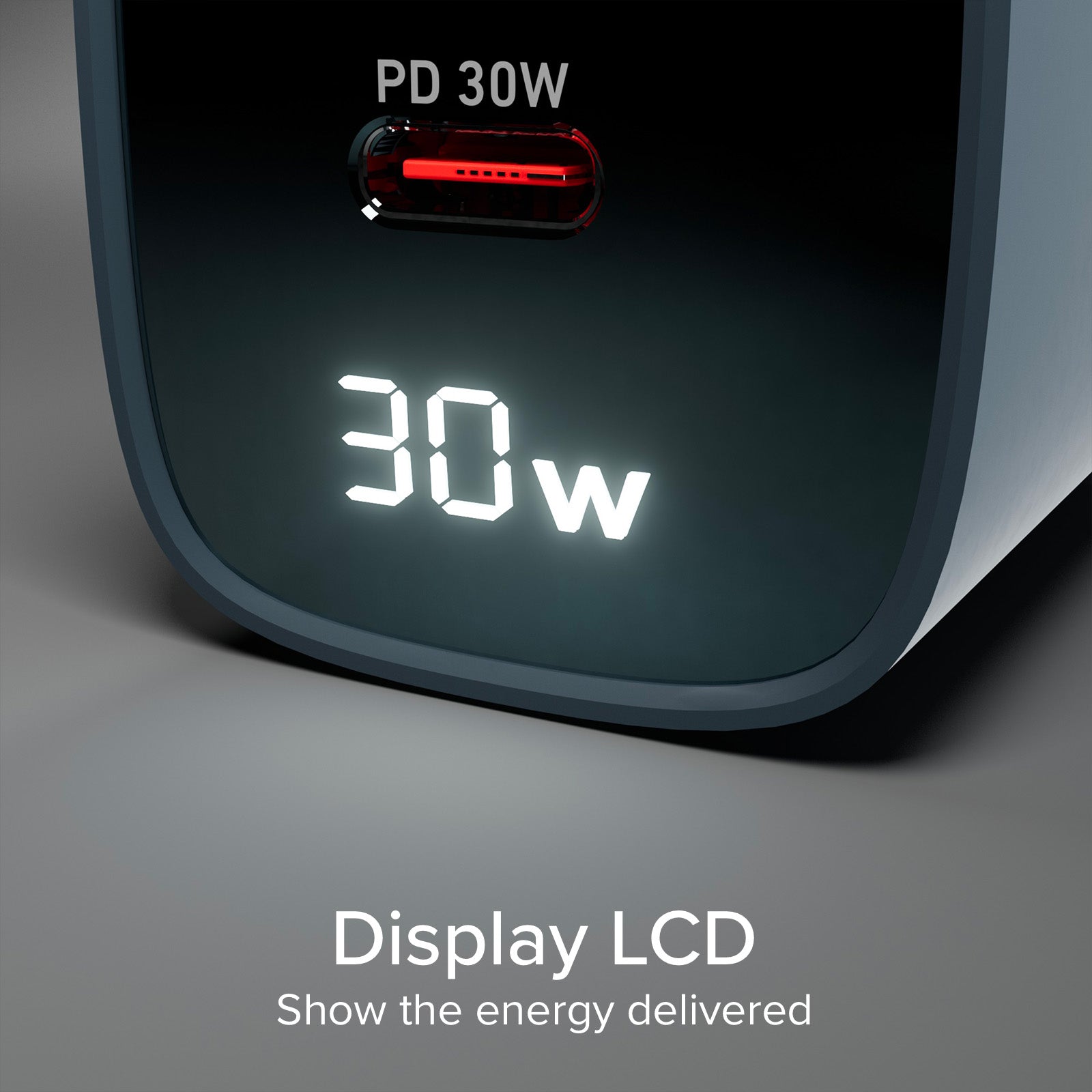 Cargador de pared con pantalla LCD, 1 salida USB-C PD de 30 W, 1 salida USB-A de 18 W