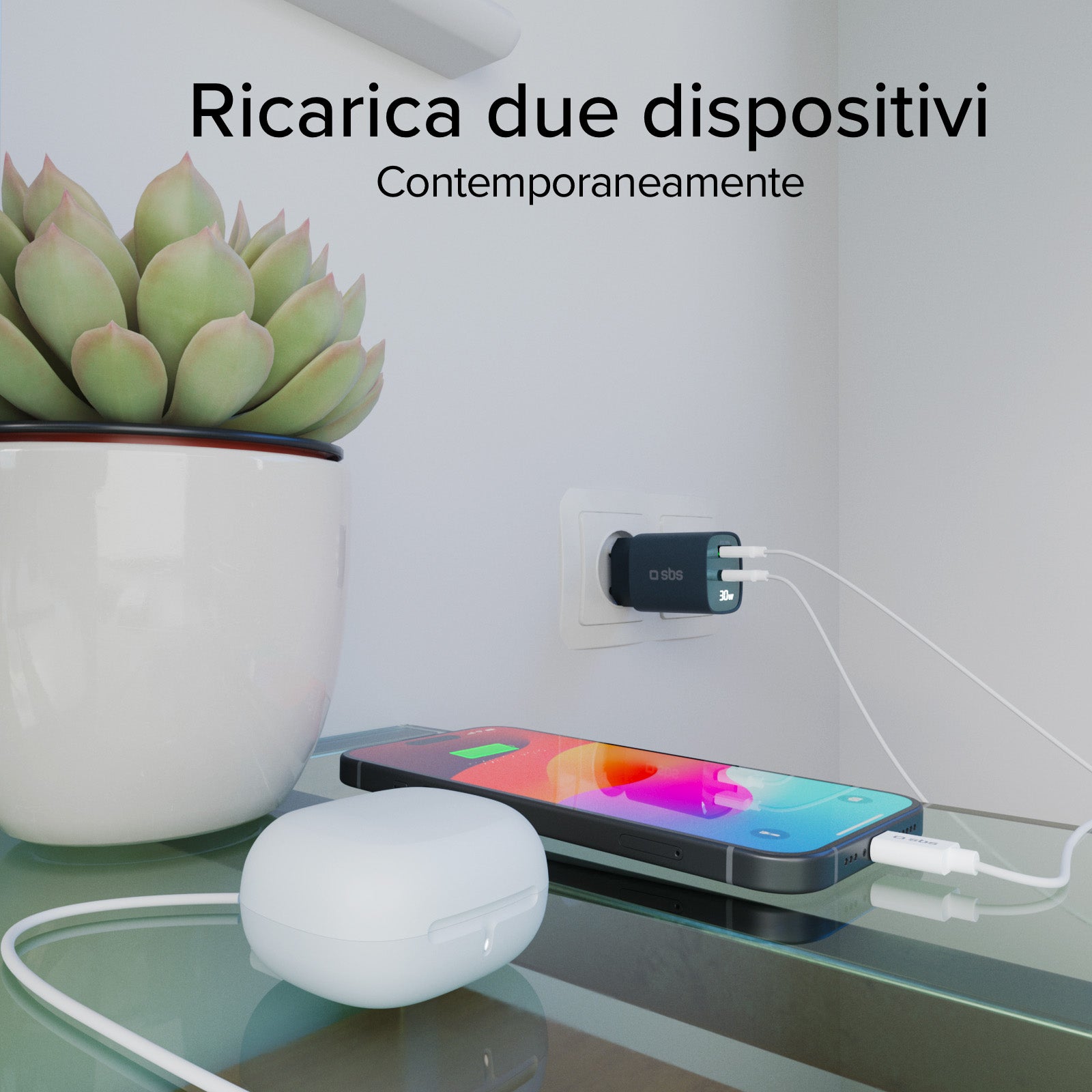 Cargador de pared con pantalla LCD, 1 salida USB-C PD de 30 W, 1 salida USB-A de 18 W
