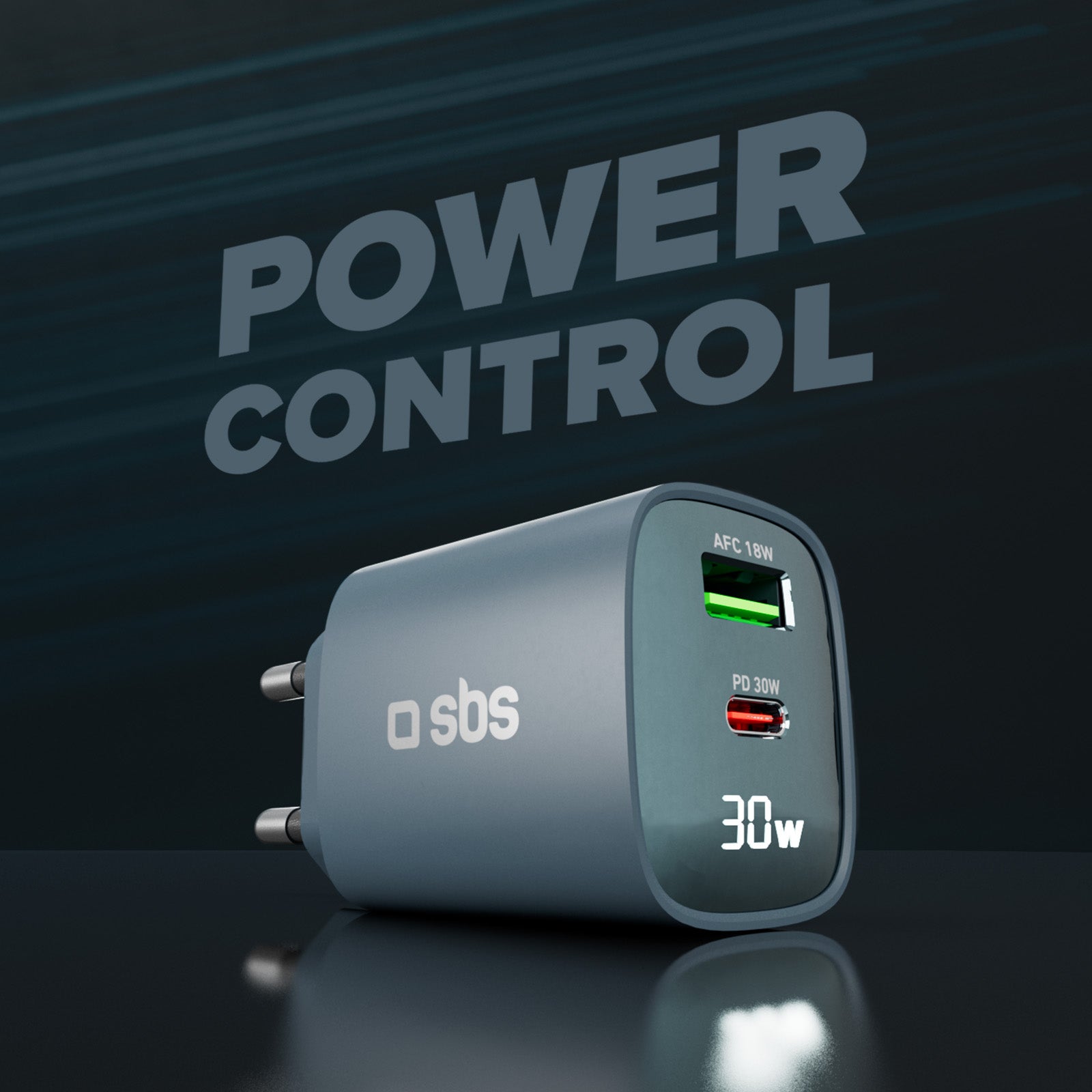 Cargador de pared con pantalla LCD, 1 salida USB-C PD de 30 W, 1 salida USB-A de 18 W