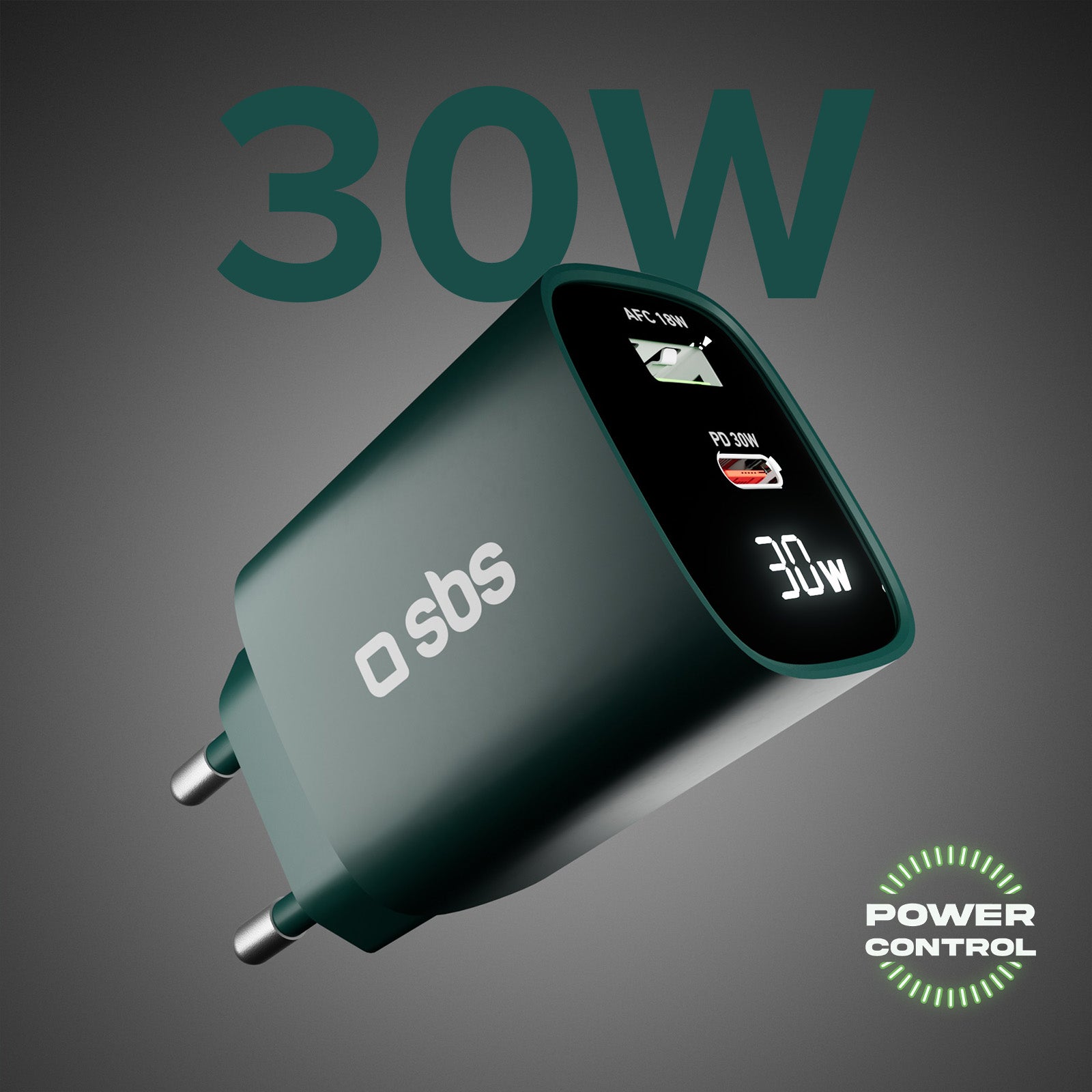 Cargador de pared con pantalla LCD, 1 salida USB-C PD de 30 W, 1 salida USB-A de 18 W