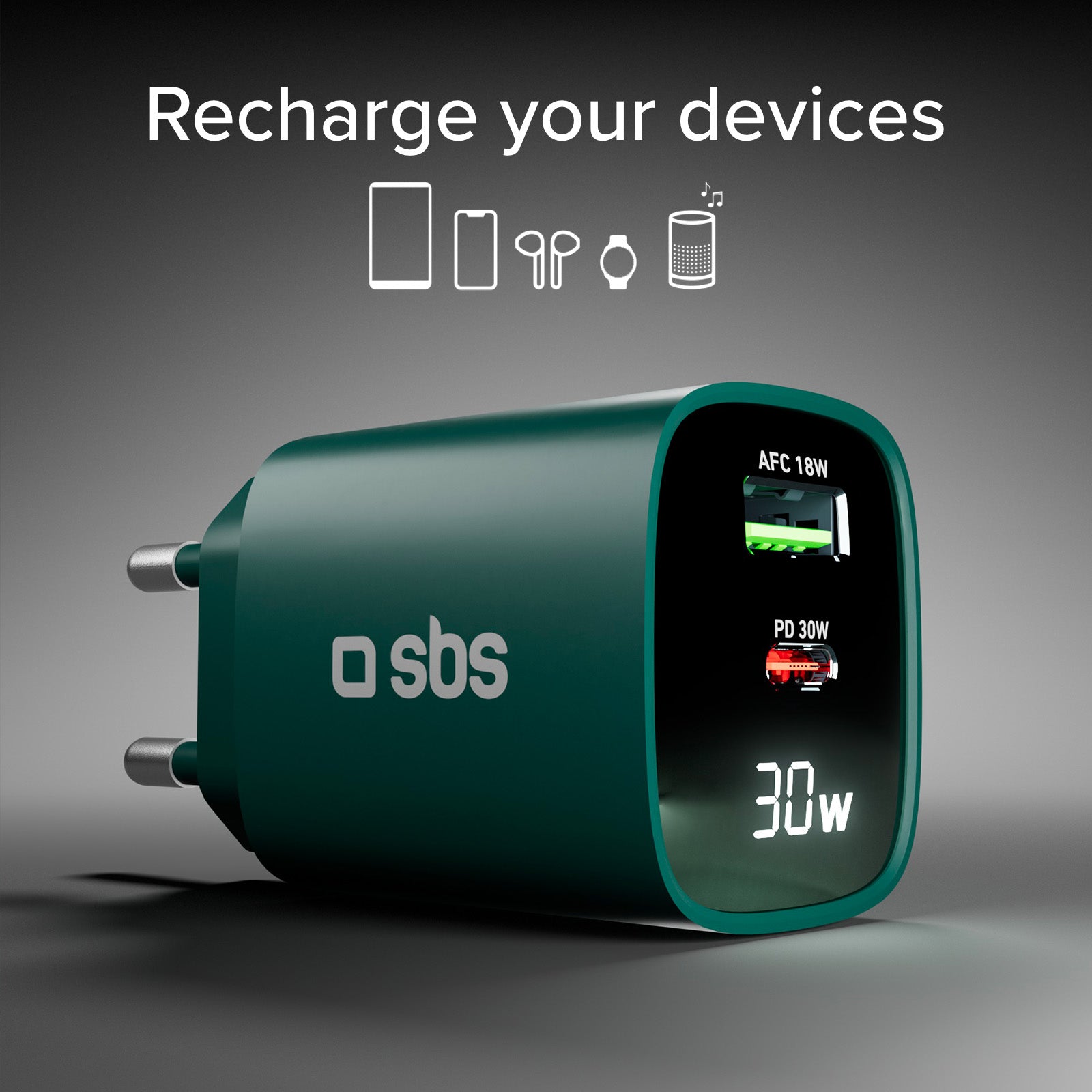 Caricabatterie da muro, schermo LCD, 1 uscita USB-C PD 30W, 1 uscita USB-A 18W