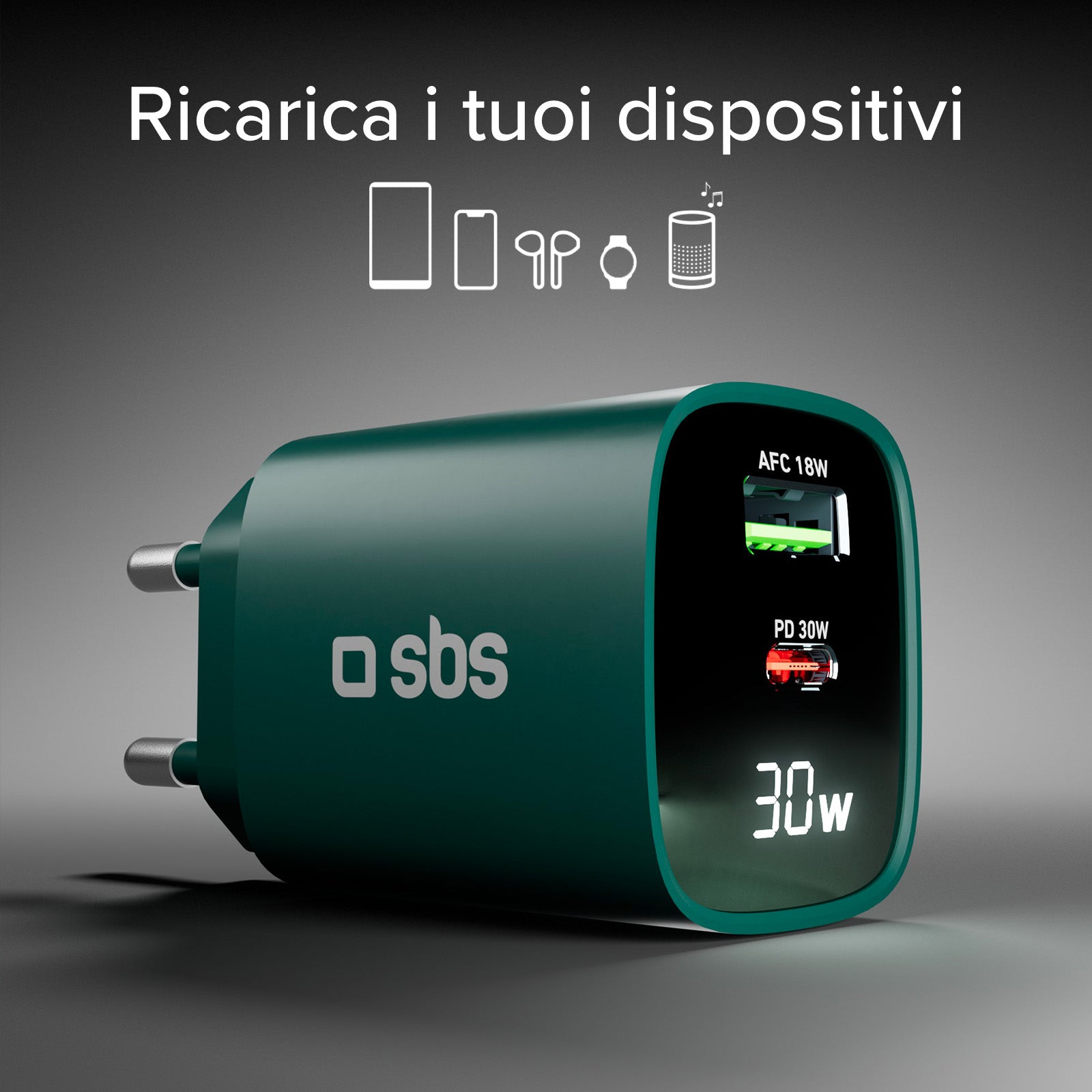 Caricabatterie da muro, schermo LCD, 1 uscita USB-C PD 30W, 1 uscita USB-A 18W