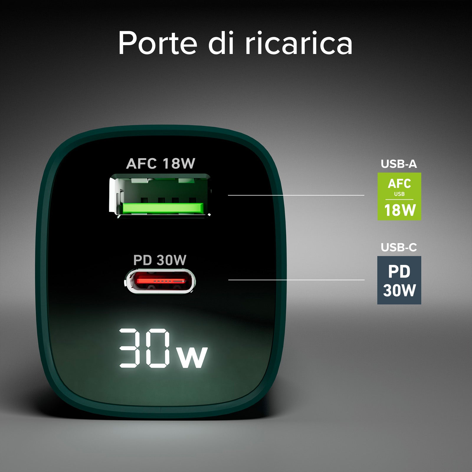 Cargador de pared con pantalla LCD, 1 salida USB-C PD de 30 W, 1 salida USB-A de 18 W