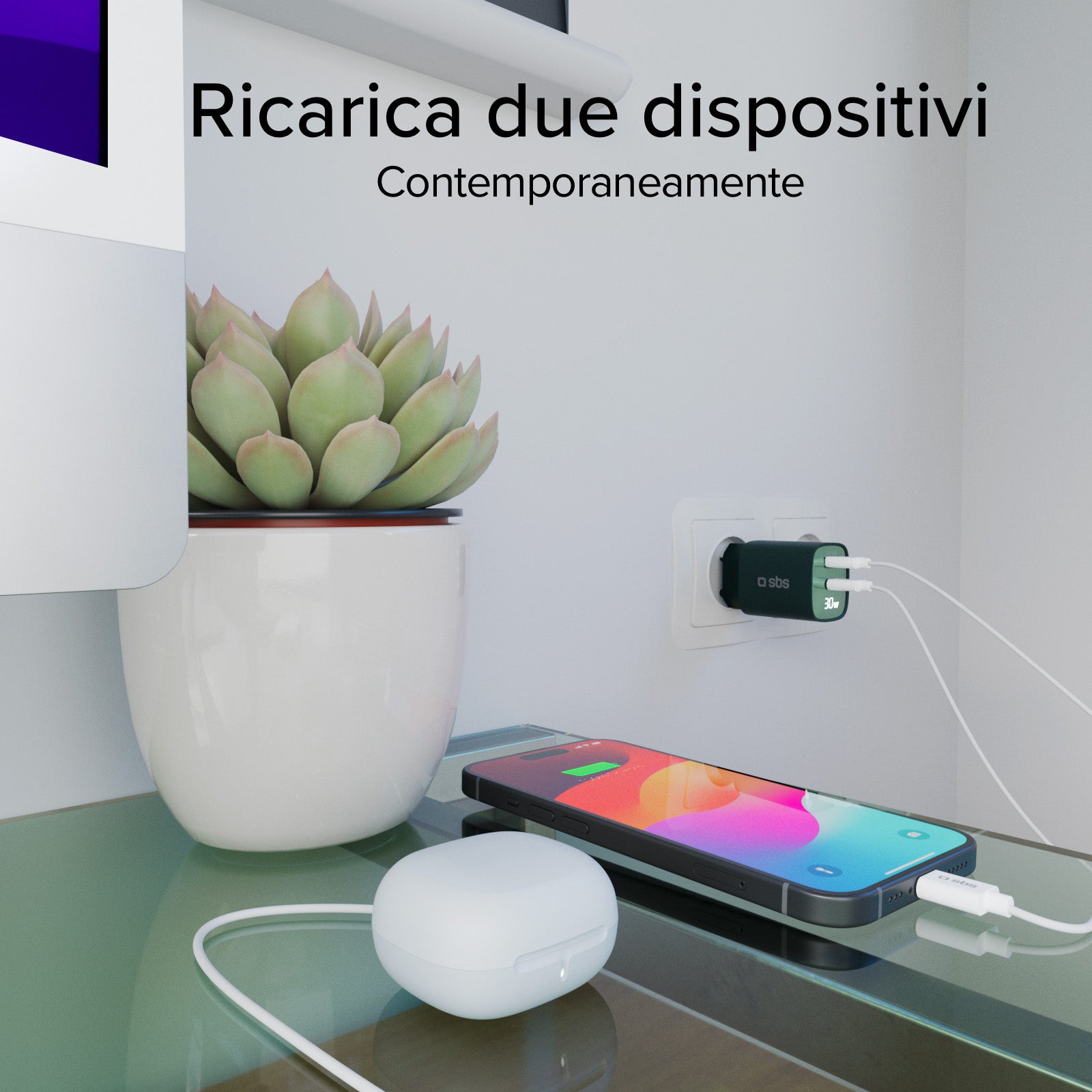 Caricabatterie da muro, schermo LCD, 1 uscita USB-C PD 30W, 1 uscita USB-A 18W