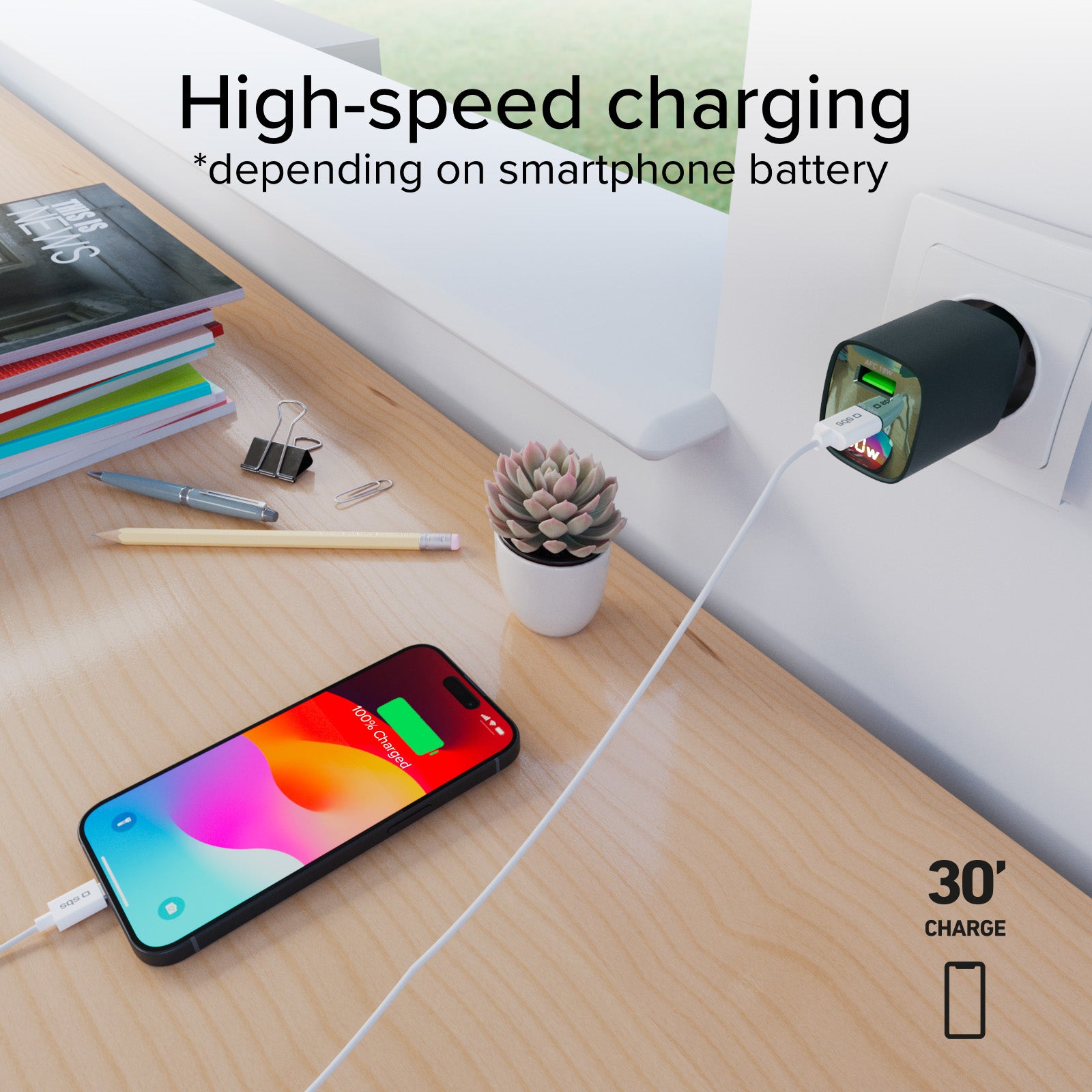 Cargador de pared con pantalla LCD, 1 salida USB-C PD de 30 W, 1 salida USB-A de 18 W