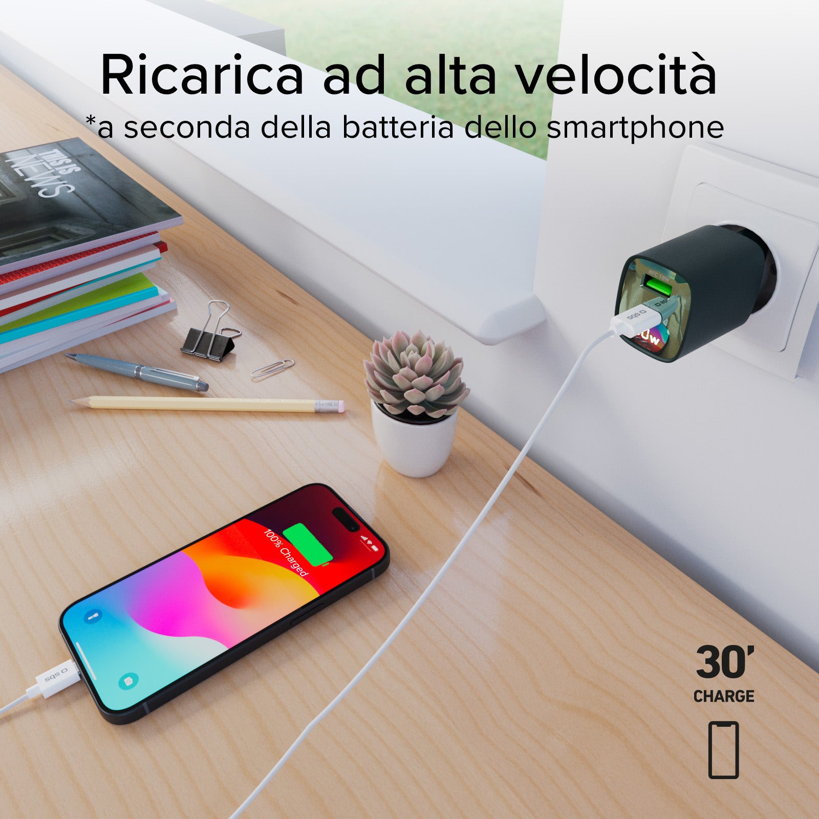 Cargador de pared con pantalla LCD, 1 salida USB-C PD de 30 W, 1 salida USB-A de 18 W