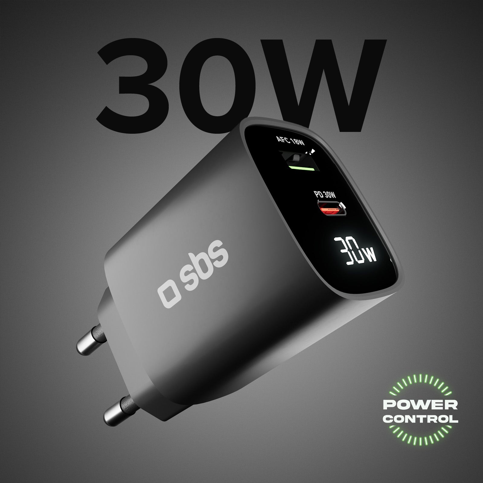 Cargador de pared con pantalla LCD, 1 salida USB-C PD de 30 W, 1 salida USB-A de 18 W