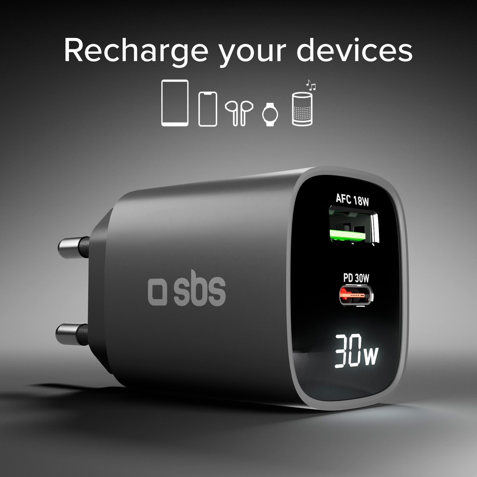 Cargador de pared con pantalla LCD, 1 salida USB-C PD de 30 W, 1 salida USB-A de 18 W