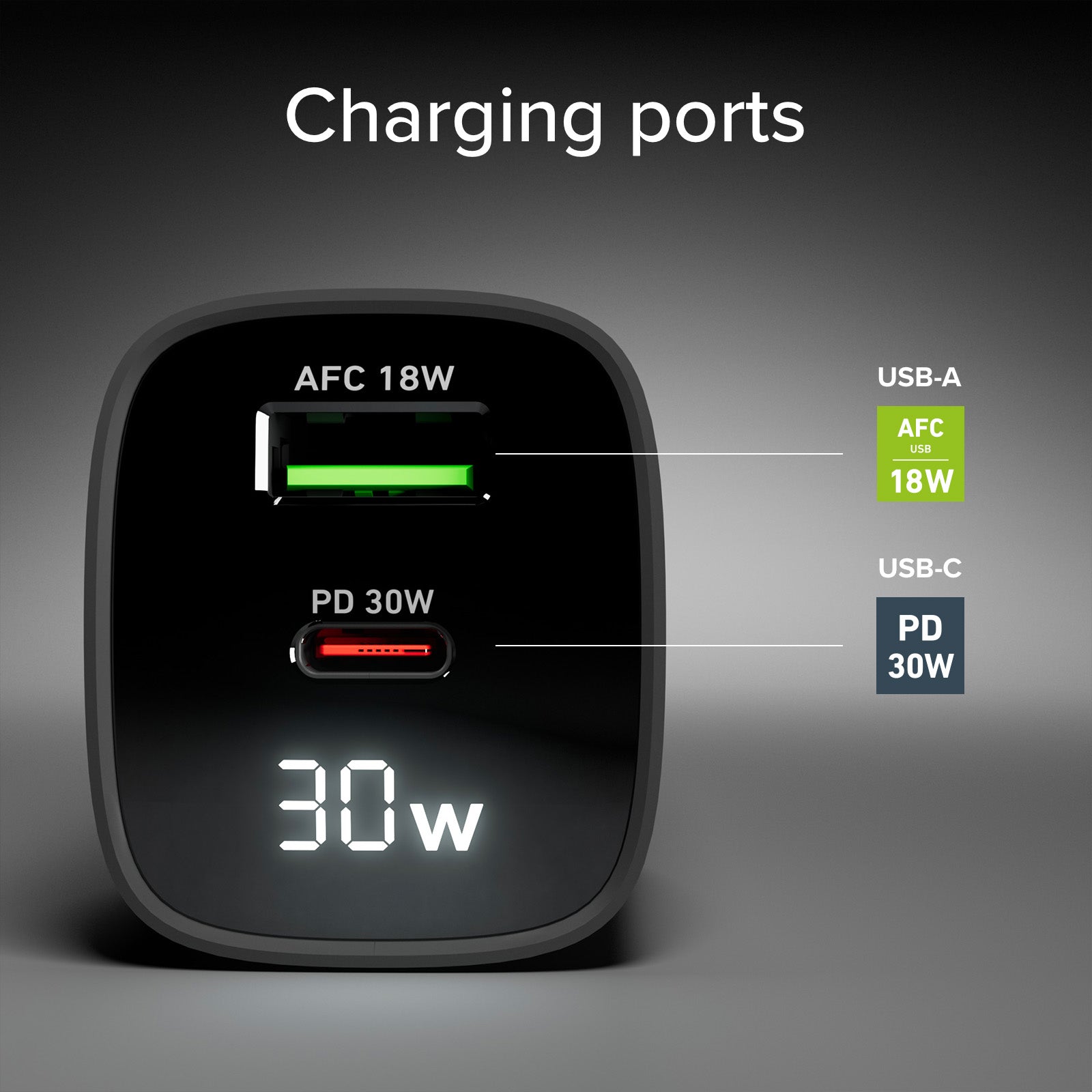 Cargador de pared con pantalla LCD, 1 salida USB-C PD de 30 W, 1 salida USB-A de 18 W