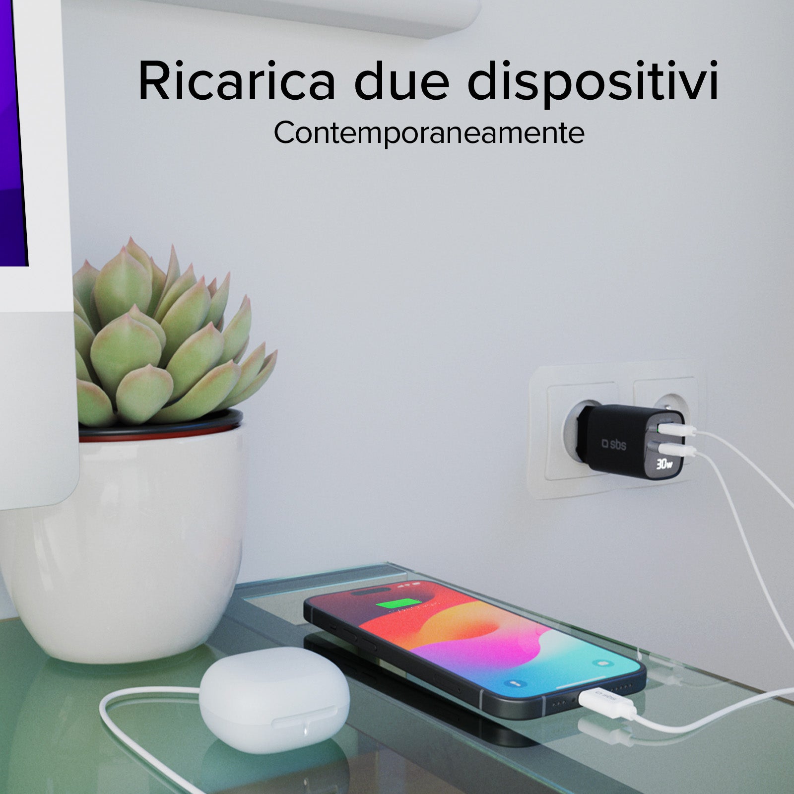 Cargador de pared con pantalla LCD, 1 salida USB-C PD de 30 W, 1 salida USB-A de 18 W