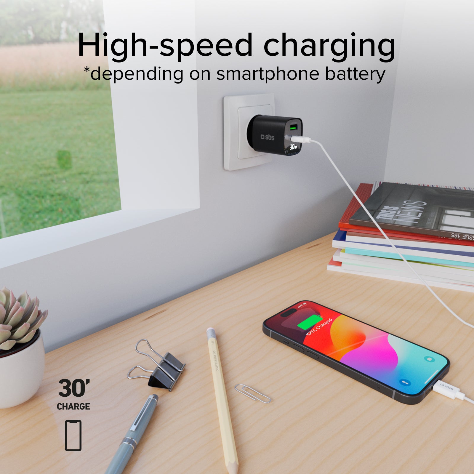 Cargador de pared con pantalla LCD, 1 salida USB-C PD de 30 W, 1 salida USB-A de 18 W