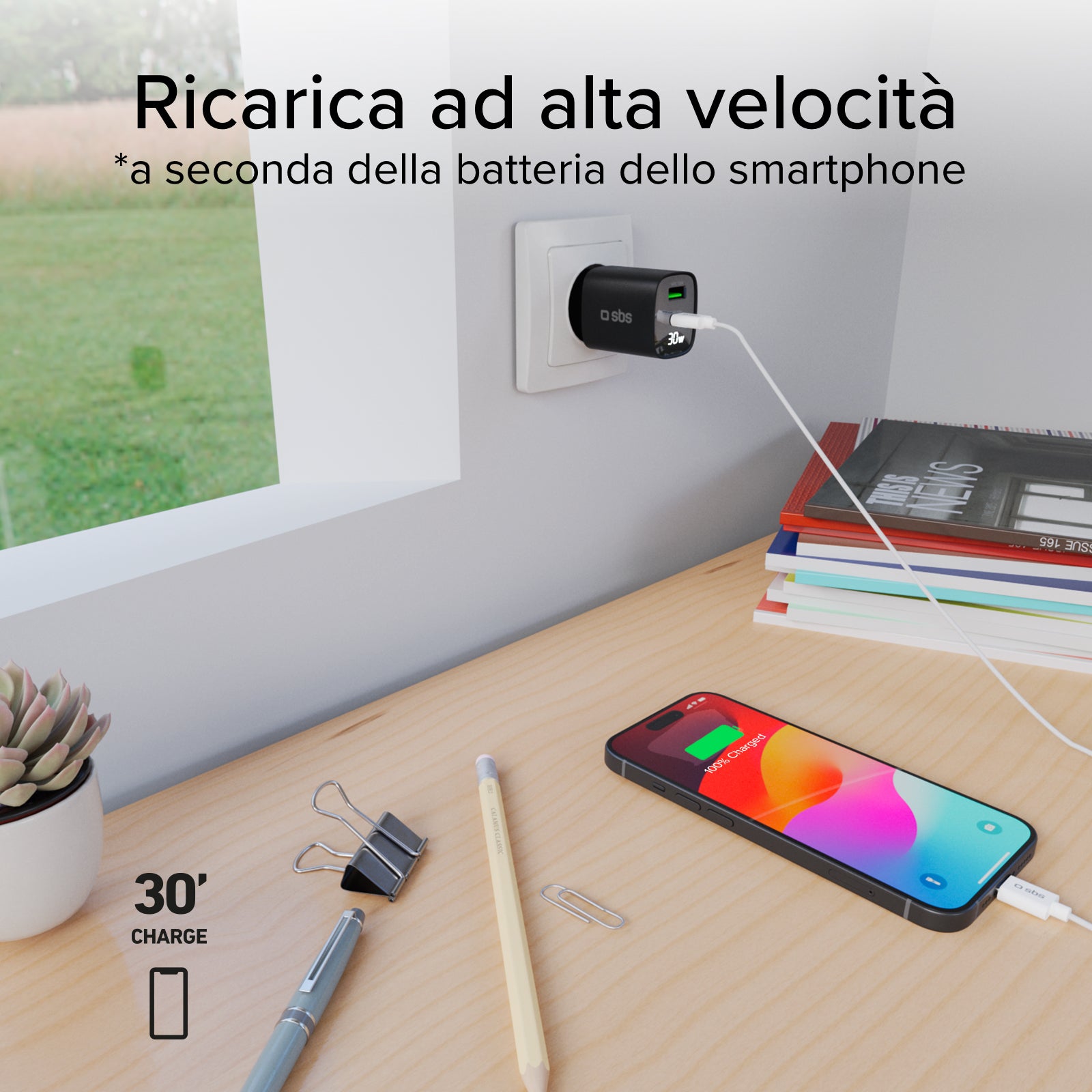 Cargador de pared con pantalla LCD, 1 salida USB-C PD de 30 W, 1 salida USB-A de 18 W