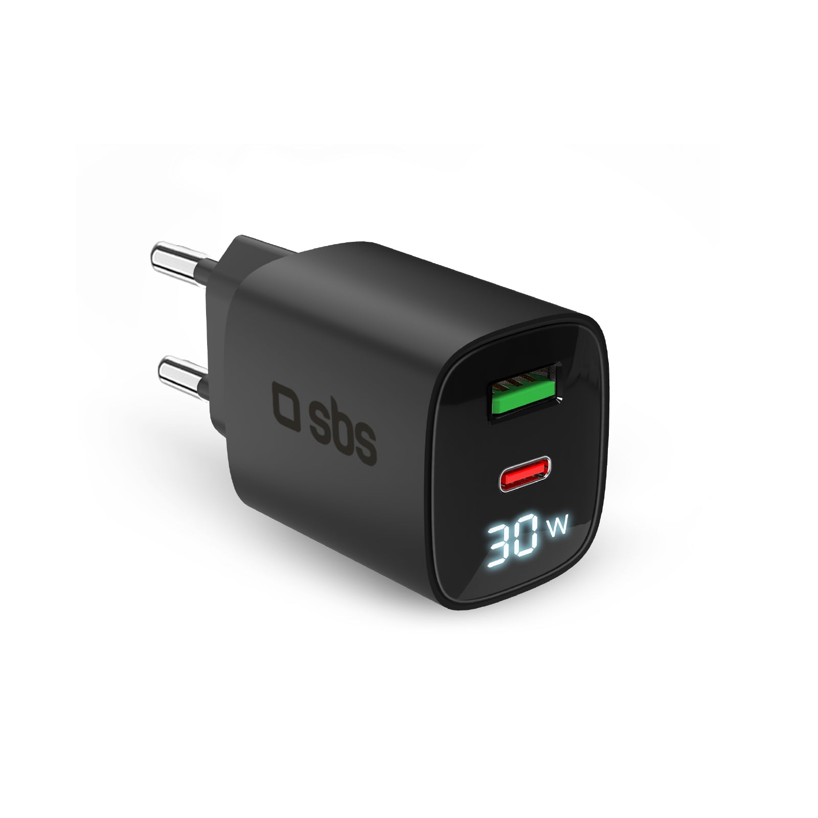 Caricabatterie da muro, schermo LCD, 1 uscita USB-C PD 30W, 1 uscita USB-A 18W