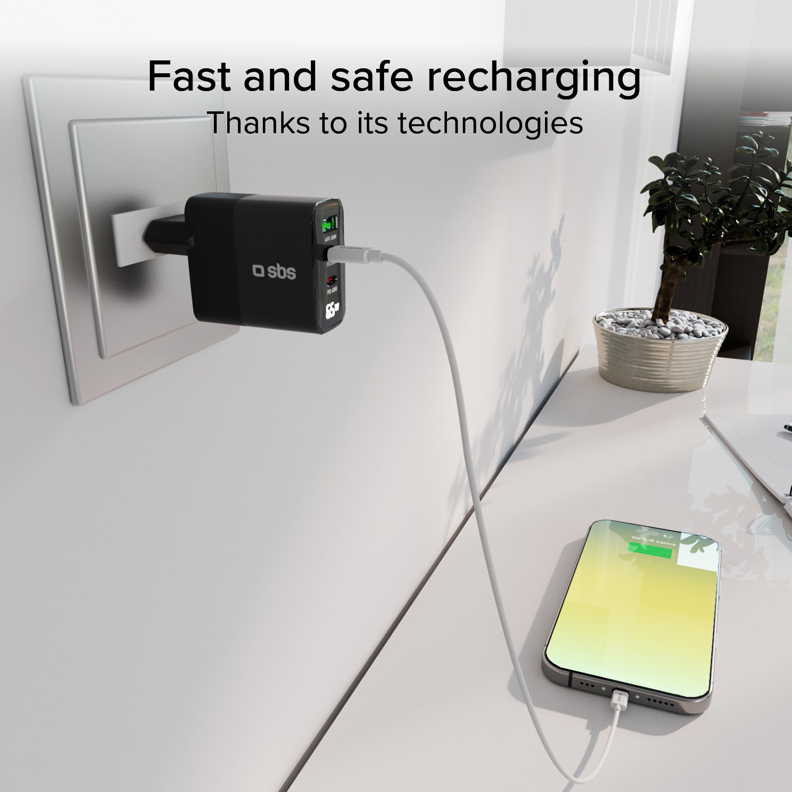 65-Watt-Ladegerät mit LCD-Display, 2 USB-C-Ausgängen für die Stromversorgung und 1 USB-A-Ausgang für die adaptive Schnellladung