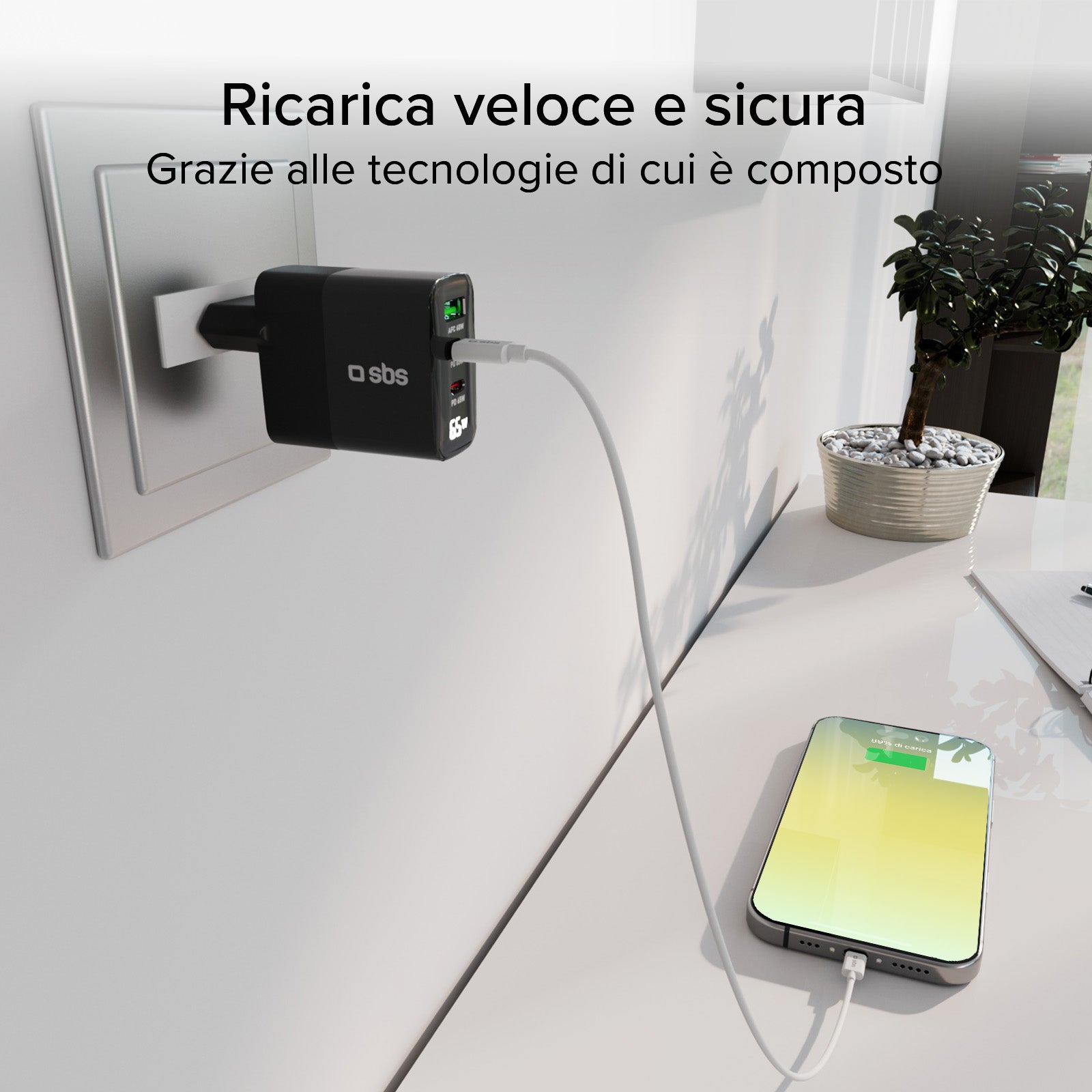 Caricabatterie 65W, display LCD, 2 Uscite USB-C PD, 1 USB-A Adaptive Fast Charge