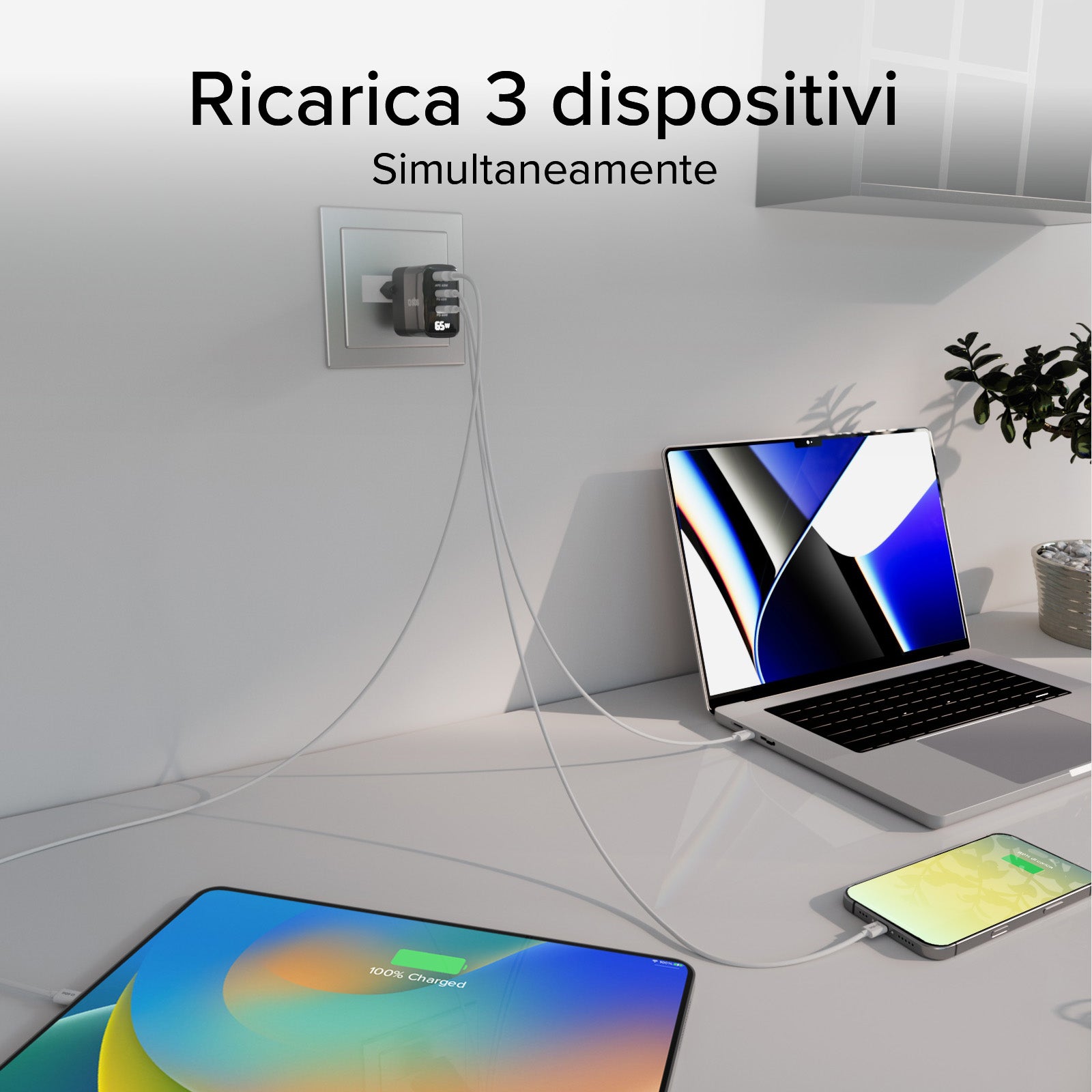 65-Watt-Ladegerät mit LCD-Display, 2 USB-C-Ausgängen für die Stromversorgung und 1 USB-A-Ausgang für die adaptive Schnellladung