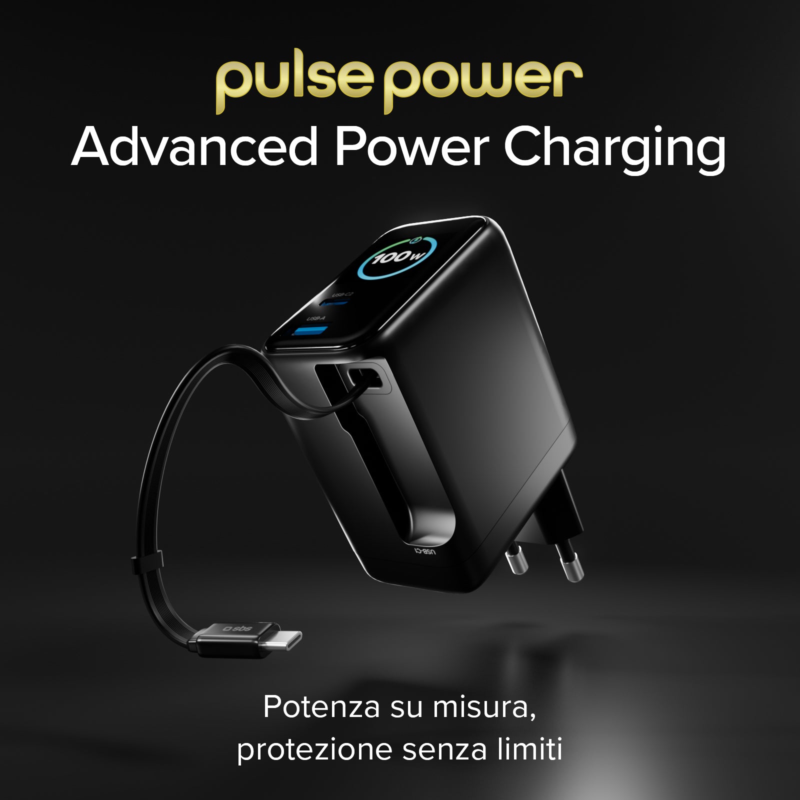 Cargador de 100W con puerto USB-C, USB-A, cable USB-C retráctil y pantalla integrada