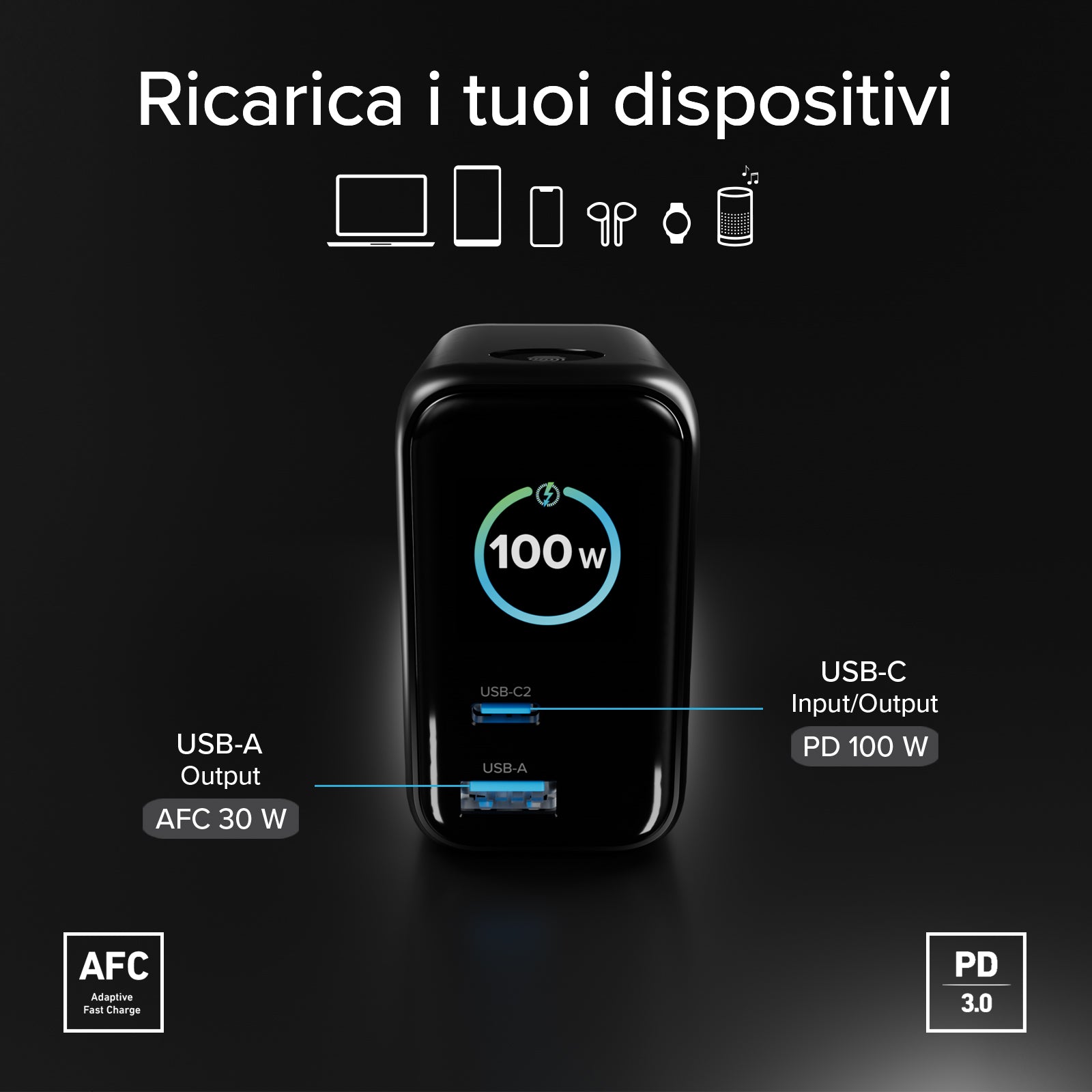Cargador de 100W con puerto USB-C, USB-A, cable USB-C retráctil y pantalla integrada