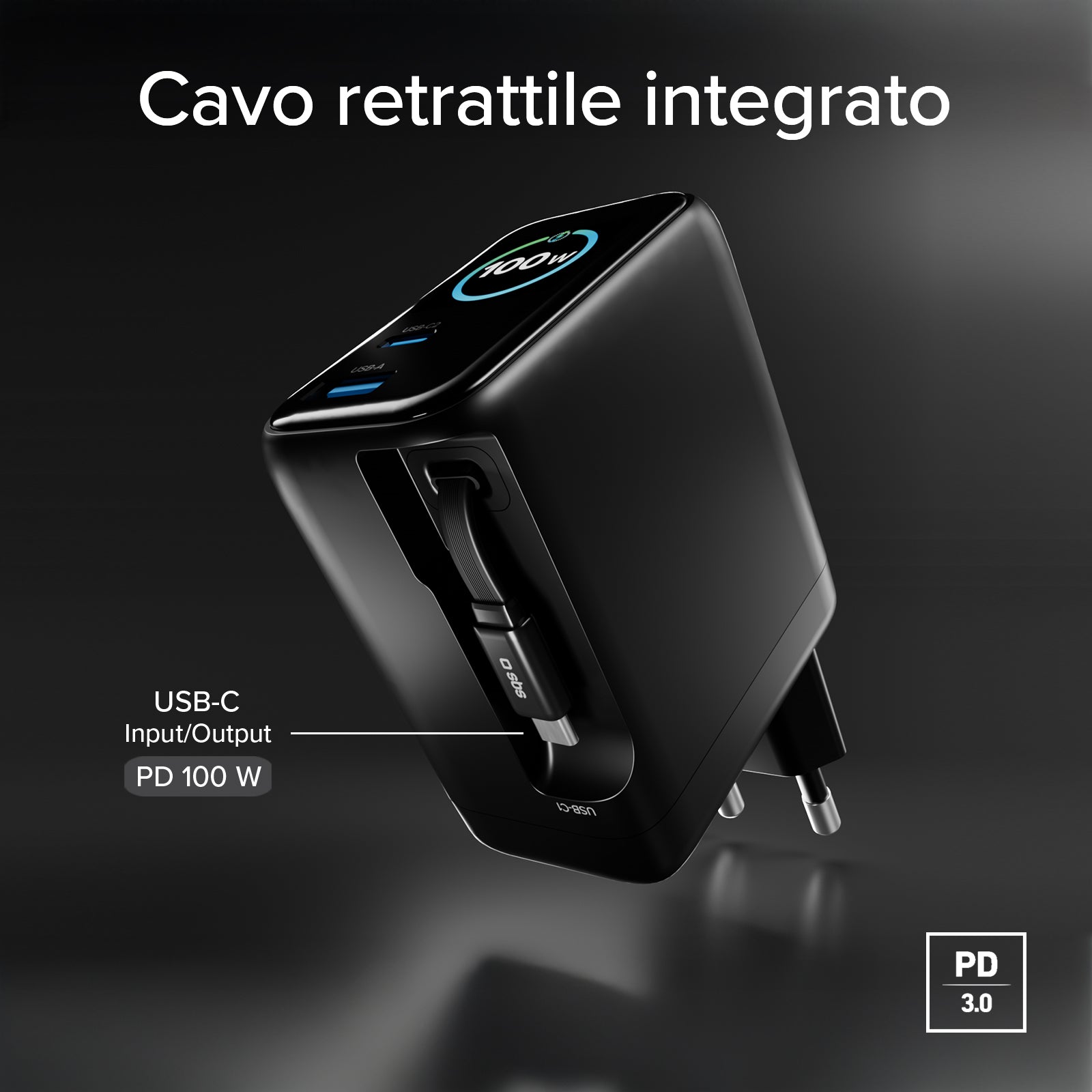Cargador de 100W con puerto USB-C, USB-A, cable USB-C retráctil y pantalla integrada