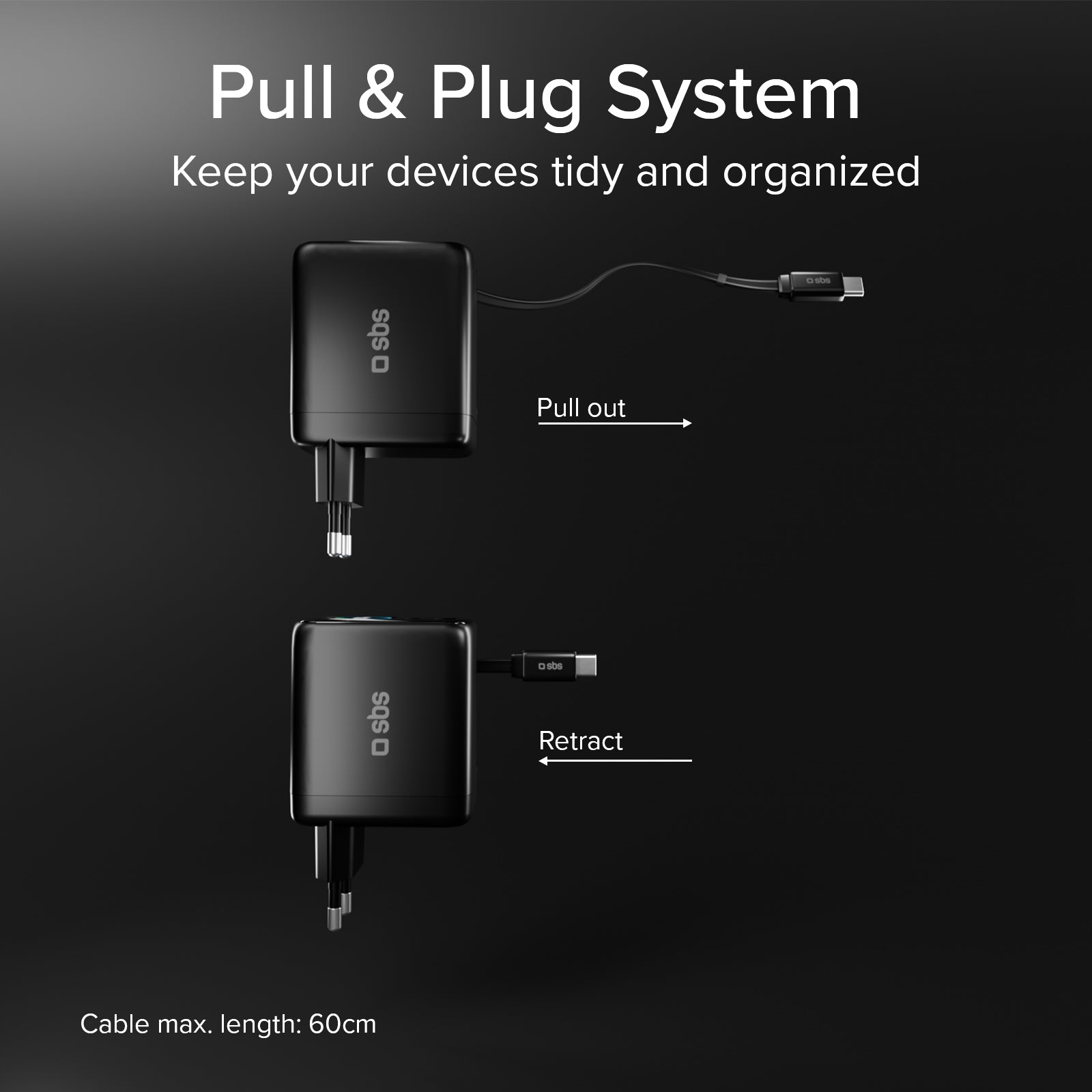 Cargador de 100W con puerto USB-C, USB-A, cable USB-C retráctil y pantalla integrada