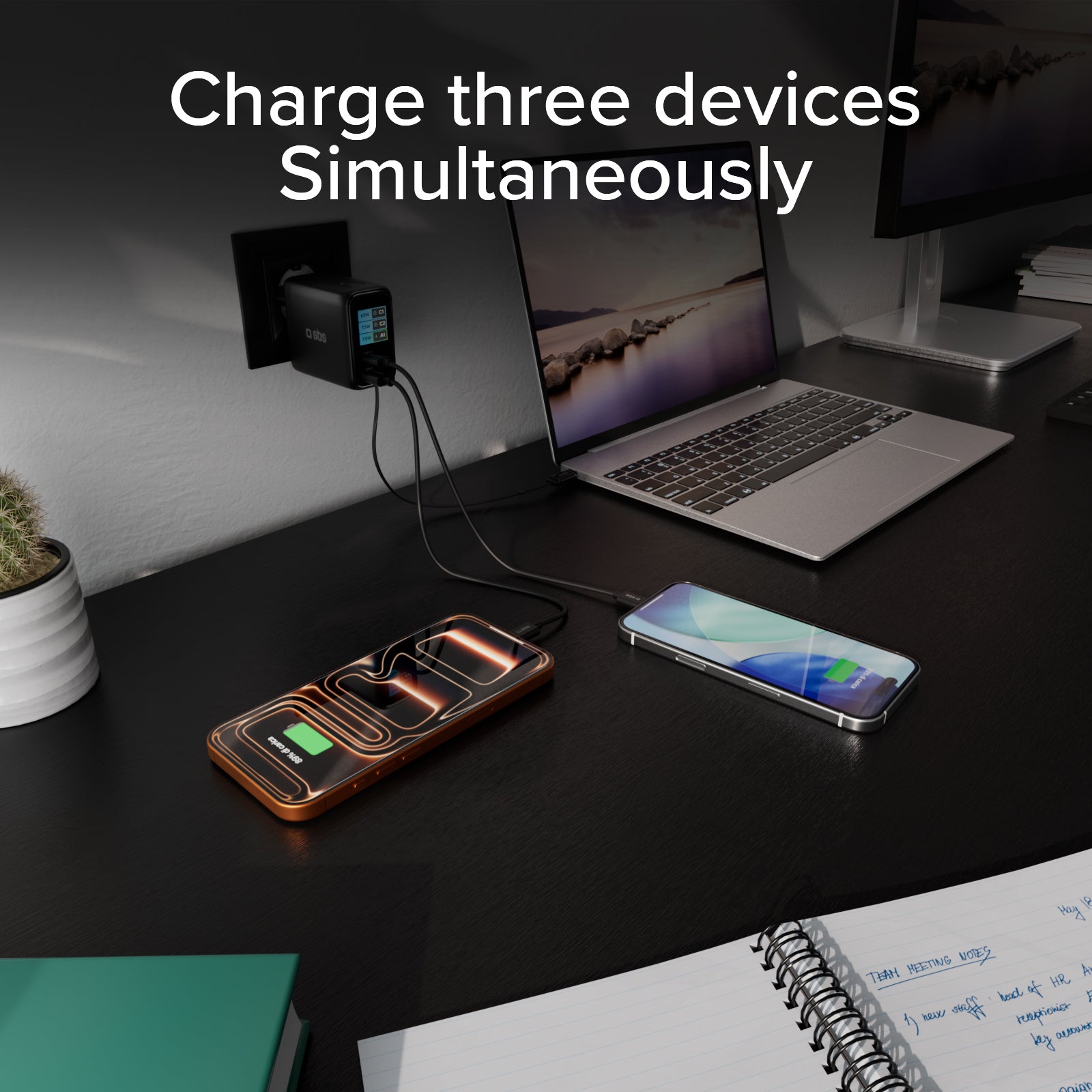 Cargador de 100W con puerto USB-C, USB-A, cable USB-C retráctil y pantalla integrada
