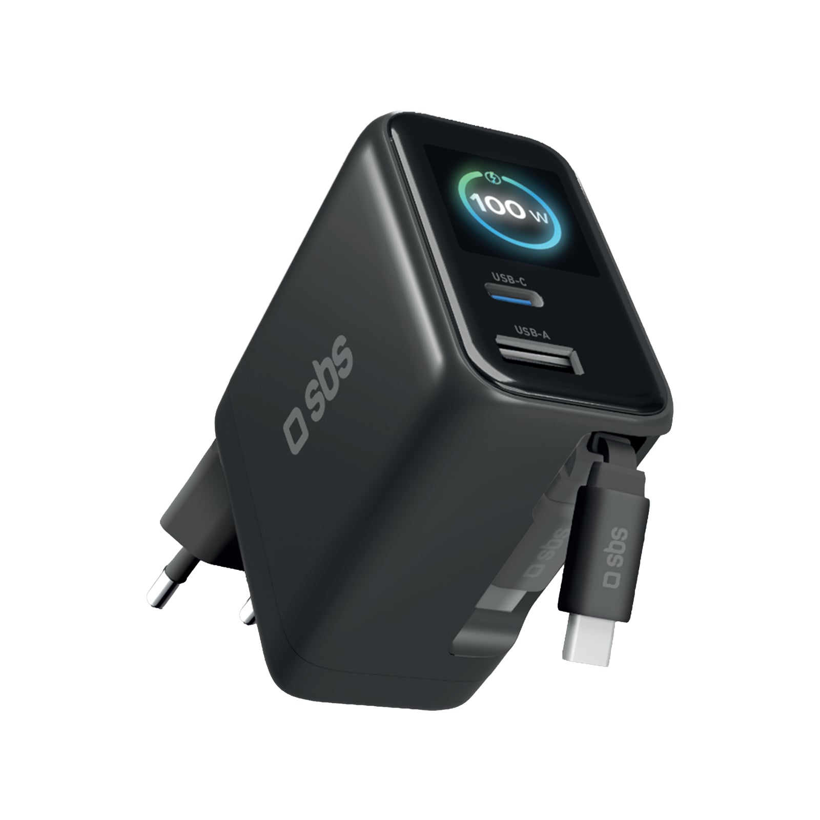 Caricatore 100W con porta USB-C, USB-A, cavo estendibile USB-C e display integrato