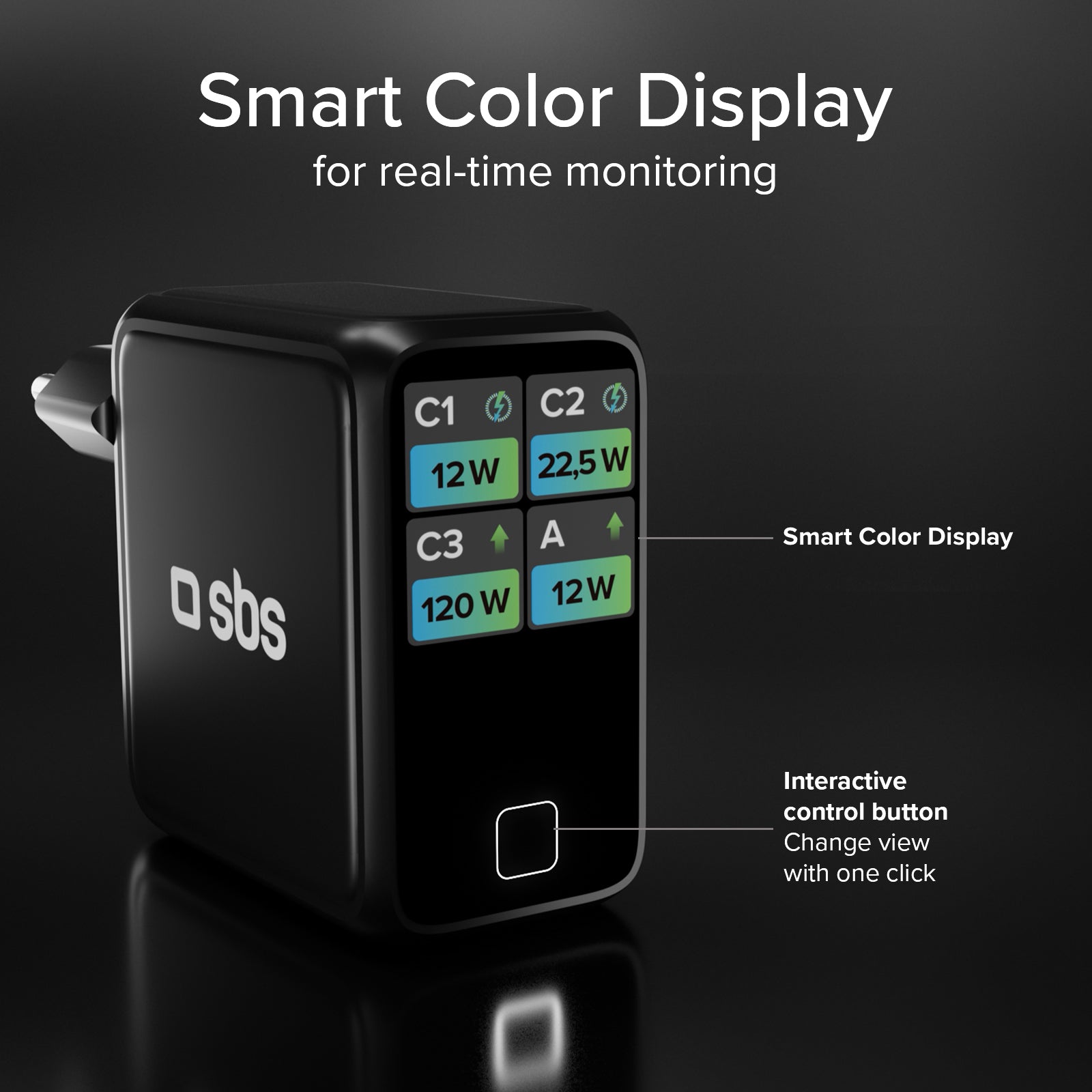 100 W USB-C charger with TFT display and 4 ports to quickly charge smartphones, tablets, laptops