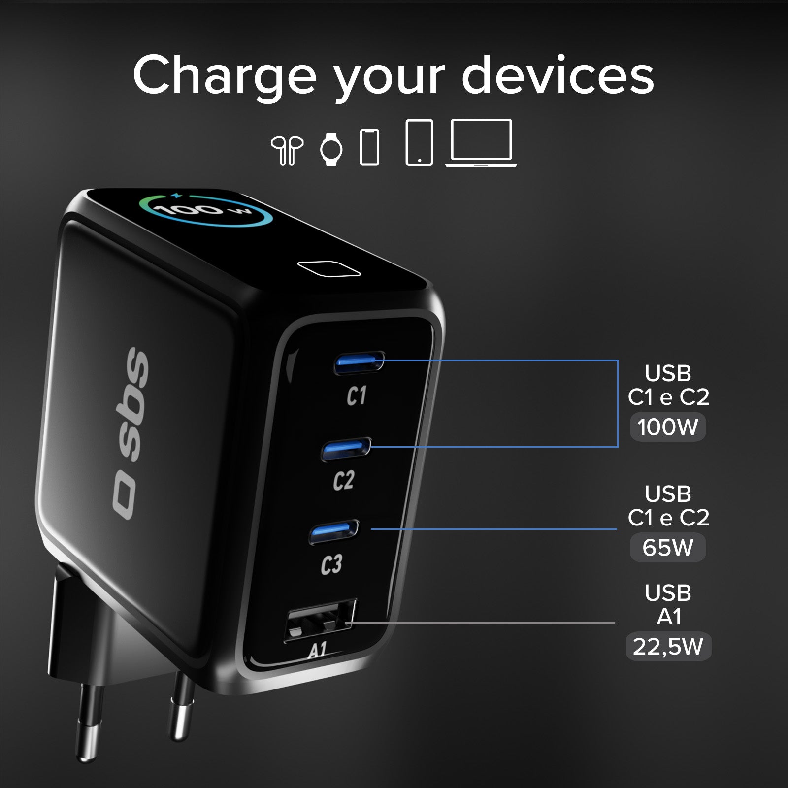 100-W-USB-C-Ladegerät mit TFT-Display und 4 Ports für schnelles Laden von Smartphones, Tablets und Laptops