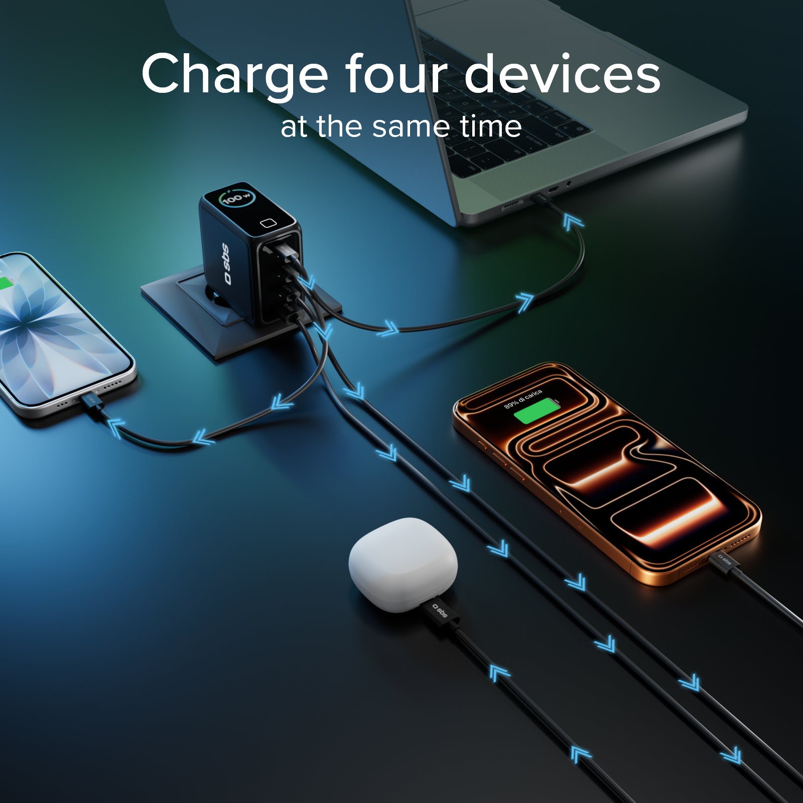 100 W USB-C charger with TFT display and 4 ports to quickly charge smartphones, tablets, laptops
