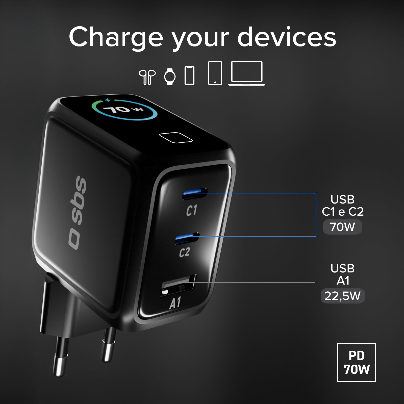 Caricatore USB-C Smart da 70 W con display TFT e Power Control 2.0
