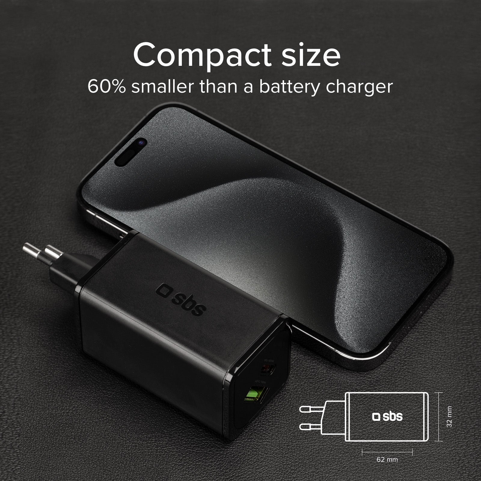 Caricabatterie da parete GaN 65 Watt, 1 USB-C PD, 1 USB-A Adaptive Fast Charge