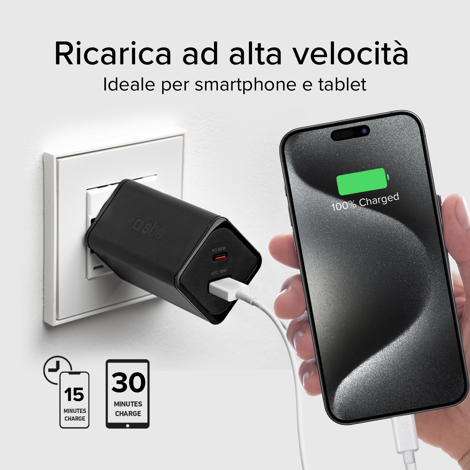 Caricabatterie da parete GaN 65 Watt, 1 USB-C PD, 1 USB-A Adaptive Fast Charge