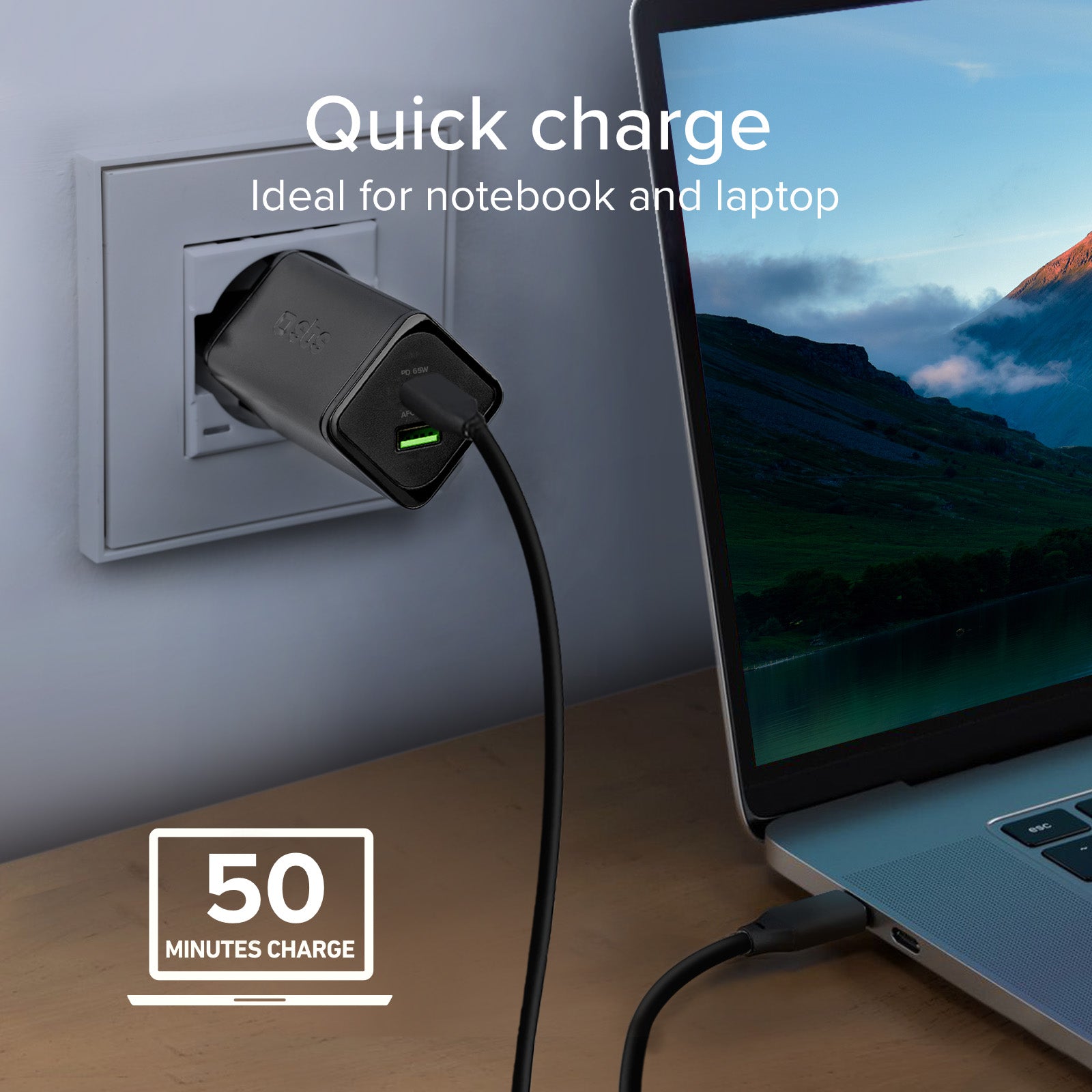 Caricabatterie da parete GaN 65 Watt, 1 USB-C PD, 1 USB-A Adaptive Fast Charge