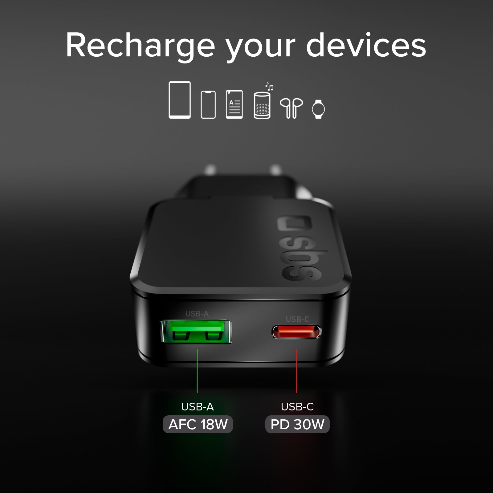 Caricatore da muro 30W Ultra Slim con doppia porta USB-C e USB-A