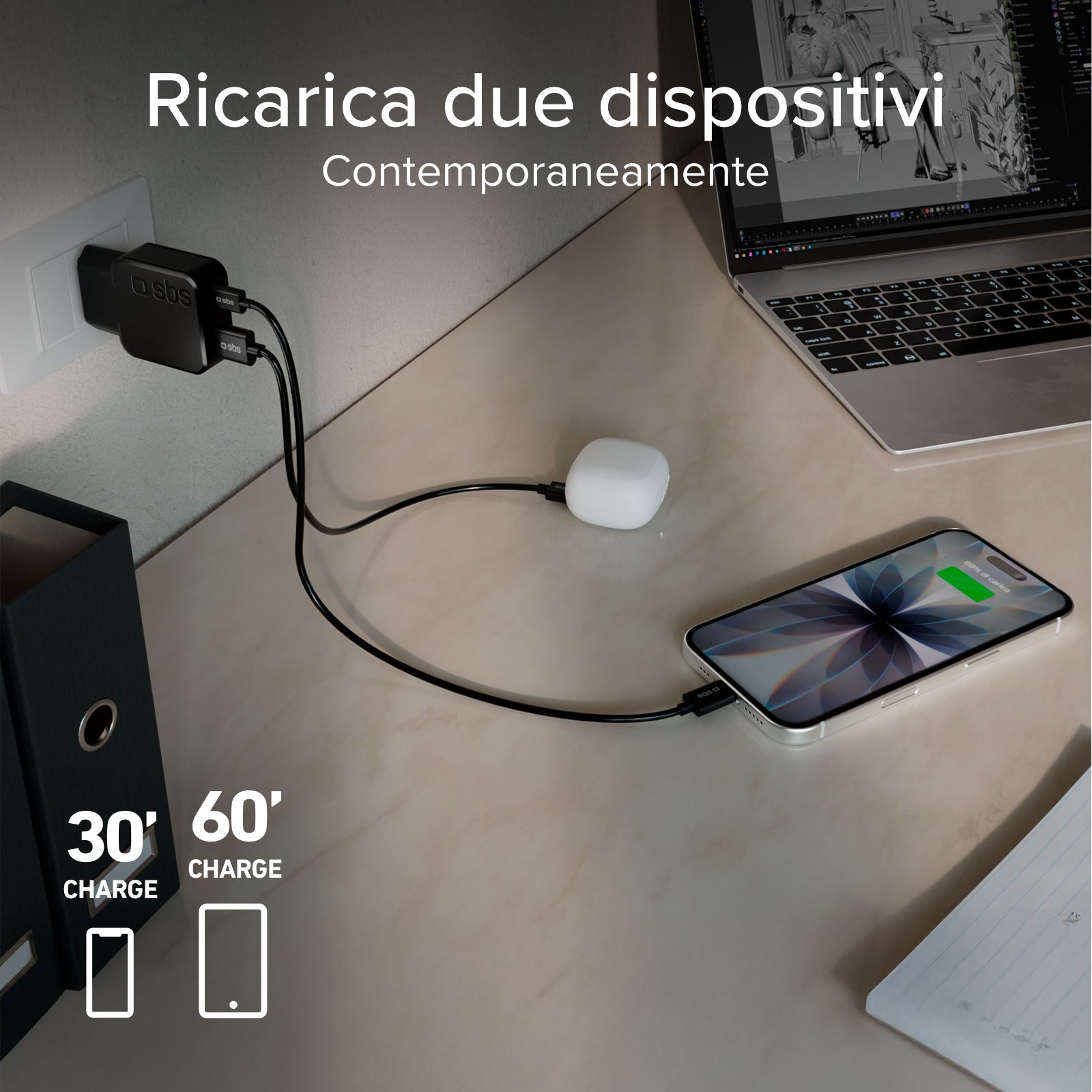 Caricatore da muro 30W Ultra Slim con doppia porta USB-C e USB-A