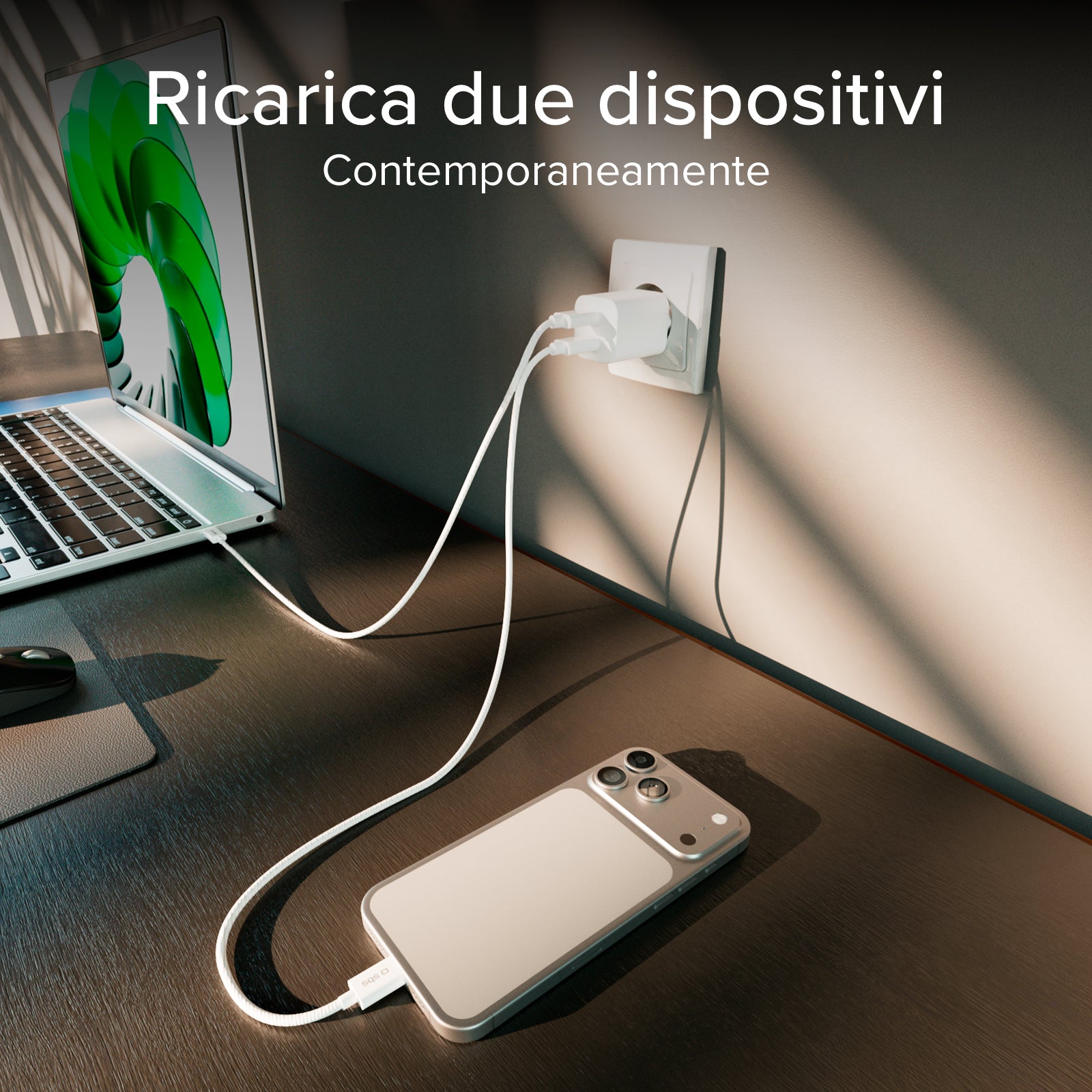 Kit con mini caricatore da parete 100W GaN con 2 porte USB-C + cavo USB-C 1,5m