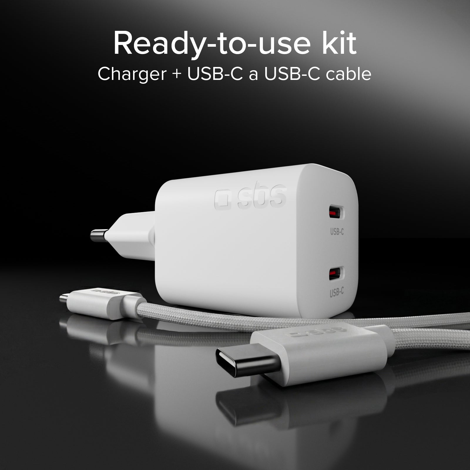 Kit con mini cargador de pared 100W GaN con 2 puertos USB-C + cable USB-C de 1,5 m