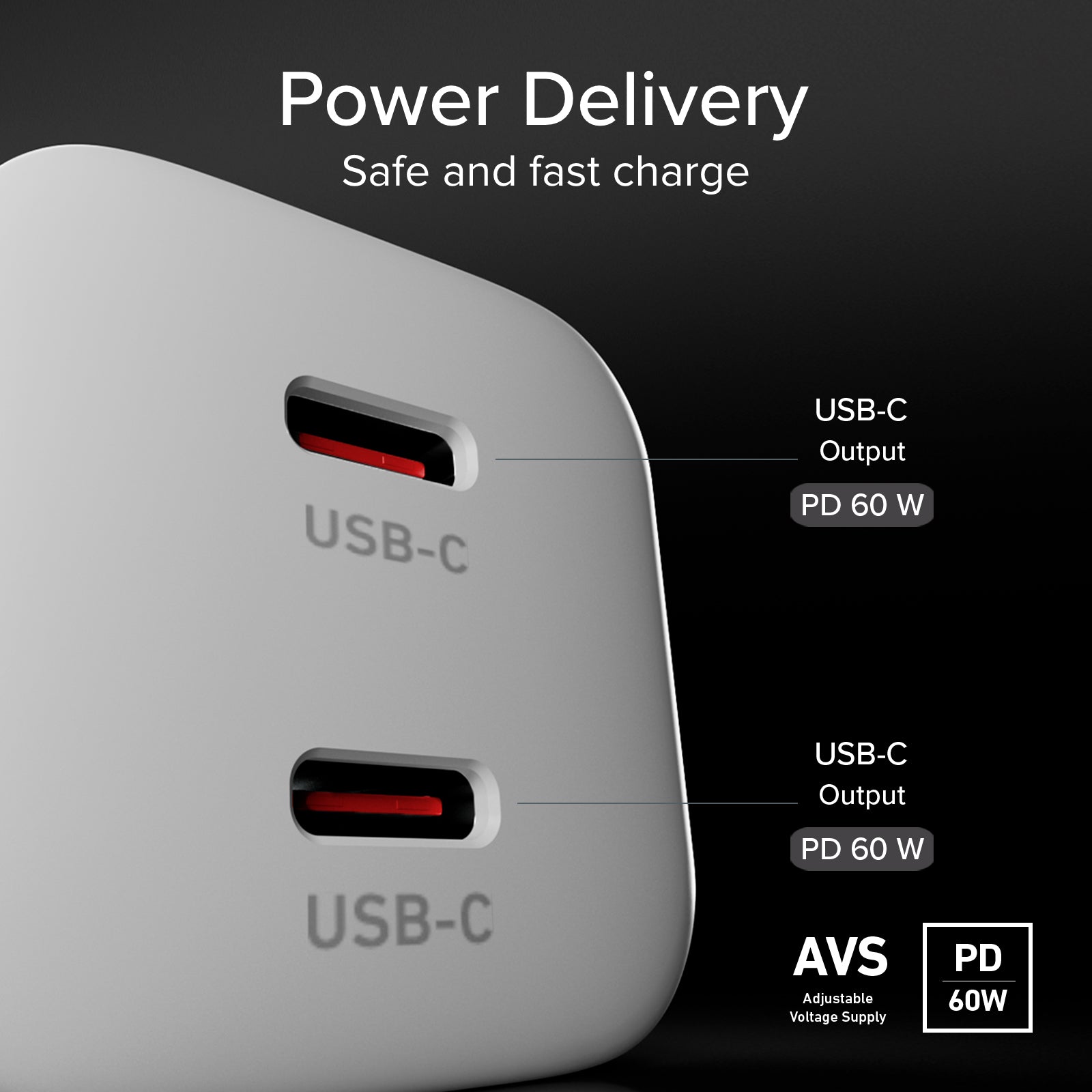 60W Power Delivery and AVS Wall Charger Kit with 2 Ports and 1.5 m Braided USB-C Cable