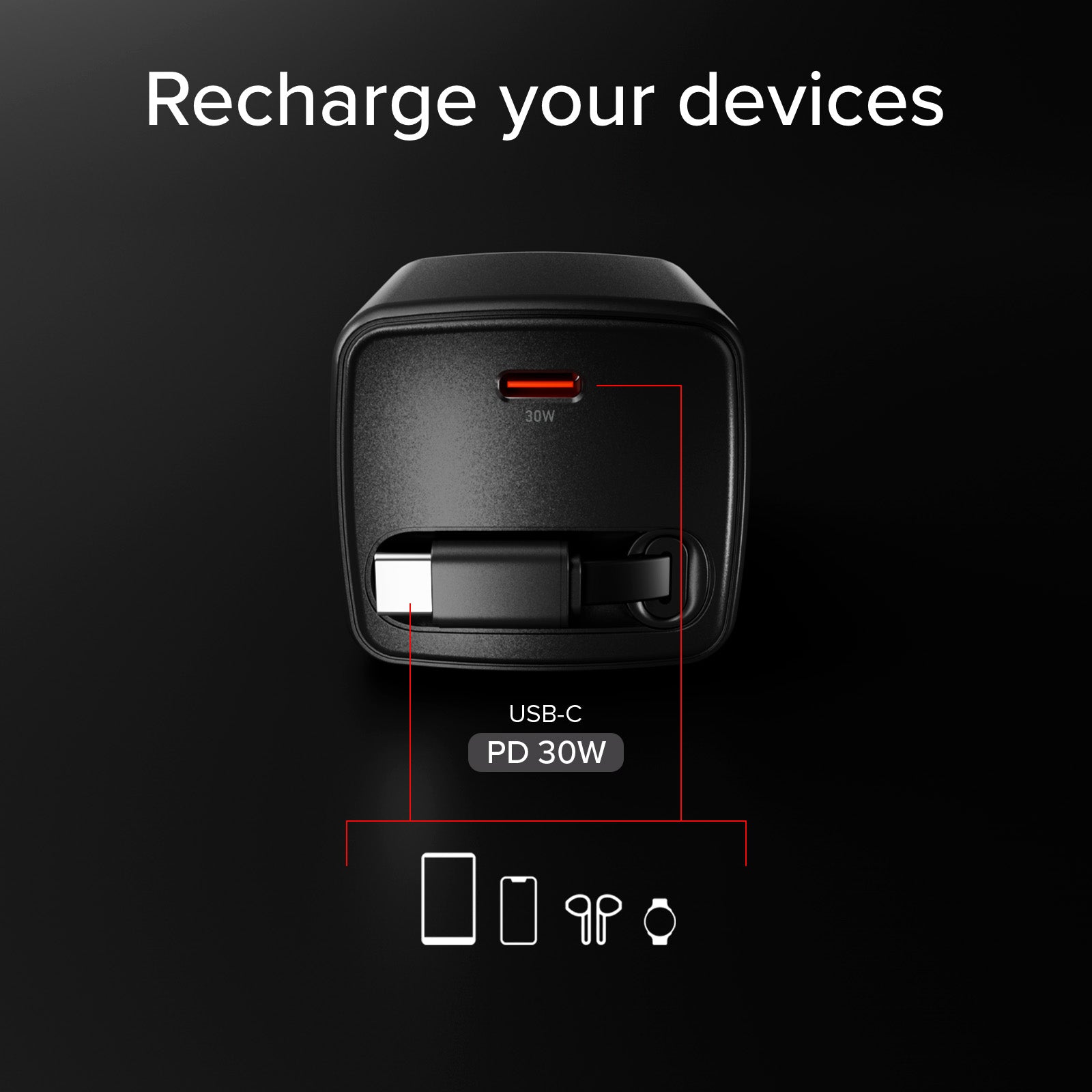 Caricatore GaN USB-C 30w con cavo retrattile