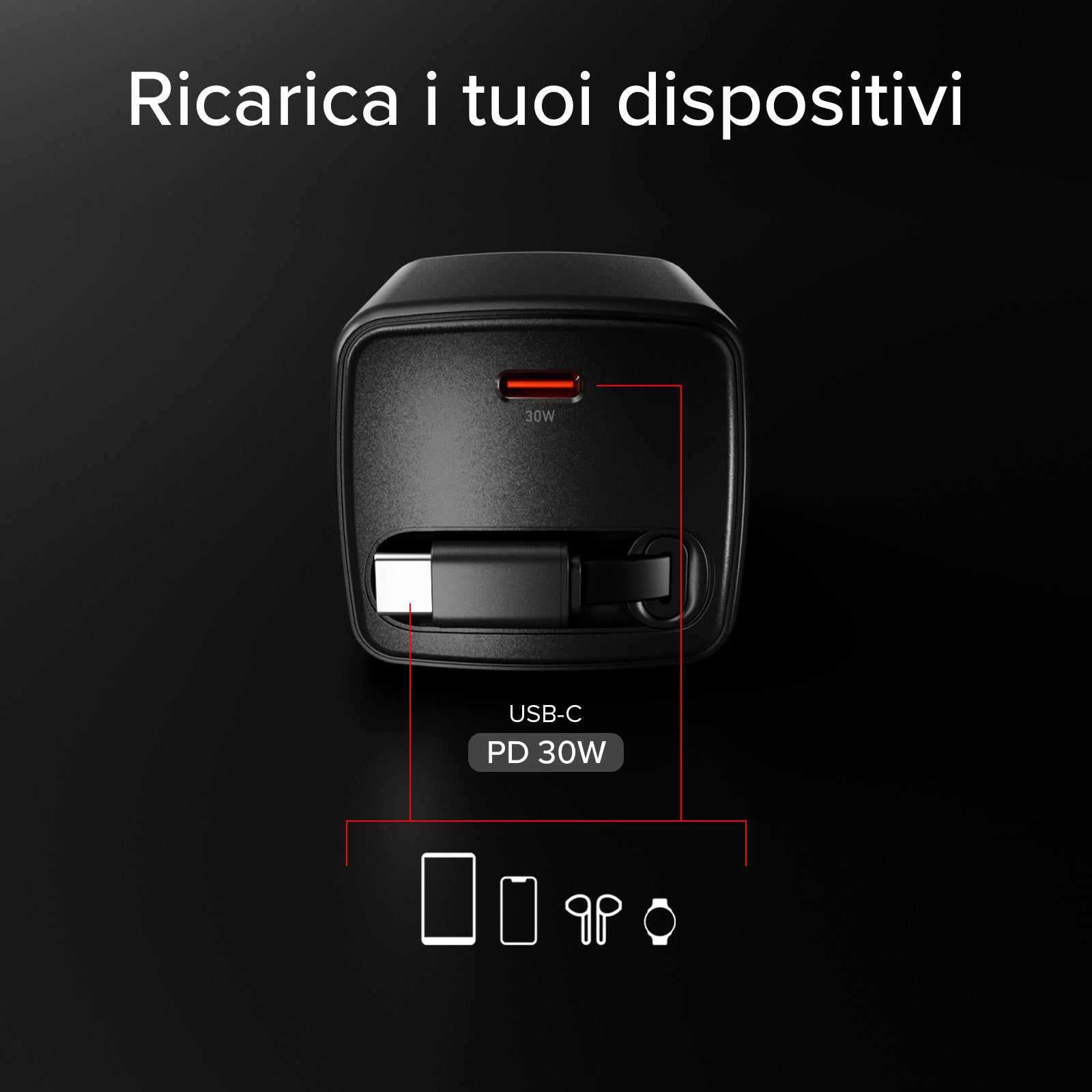 Caricatore GaN USB-C 30 W con cavo retrattile