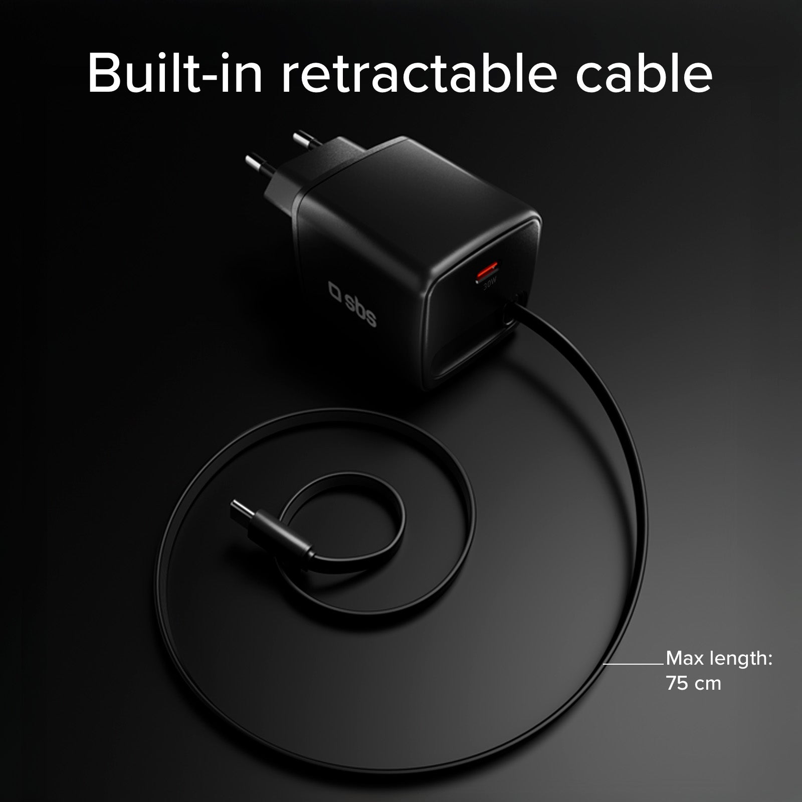 Caricatore GaN USB-C 30 W con cavo retrattile