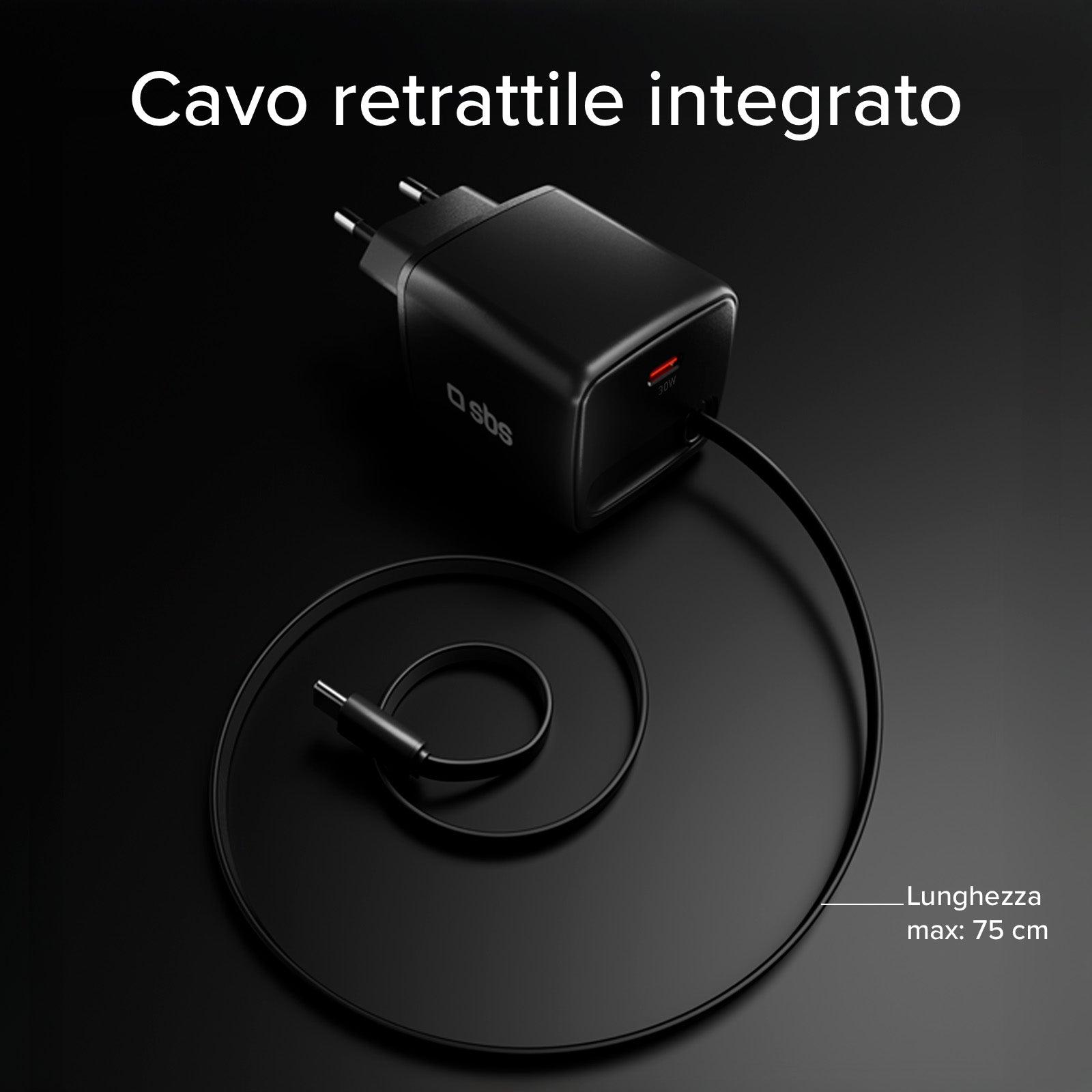 Caricatore GaN USB-C 30w con cavo retrattile